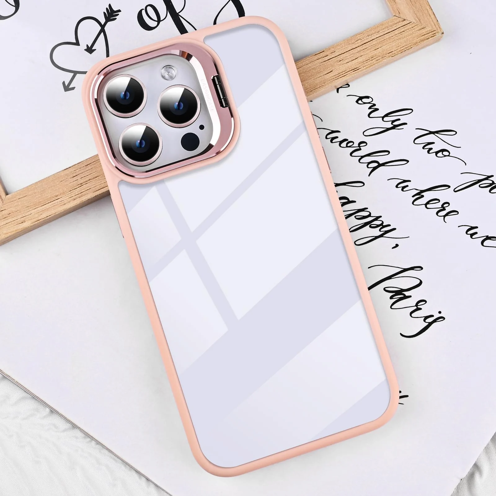 DL3 Mobilak Clear PC and TPU Case with Camera Ring Kickstand and Lens Protector for iPhone 13 Pro - Pink