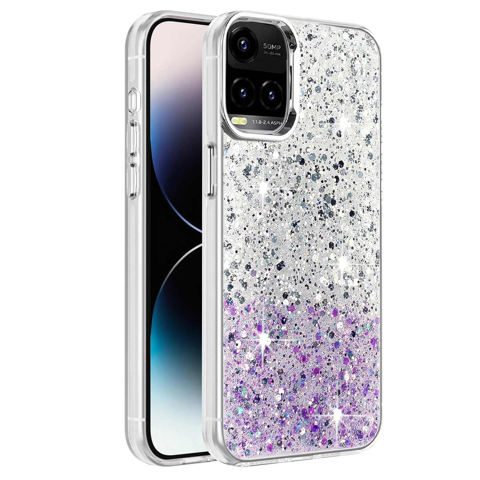 Dl3 Mobilak Compatible with Vivo Y33S 4G/Y33/Y21S /Y21 Case, Clear Glitter Bling Sparkly, Soft TPU Frame Bumper, Hard-Back Cover for Women & Girls, Transparent Protective Phone Case (Pink Green)