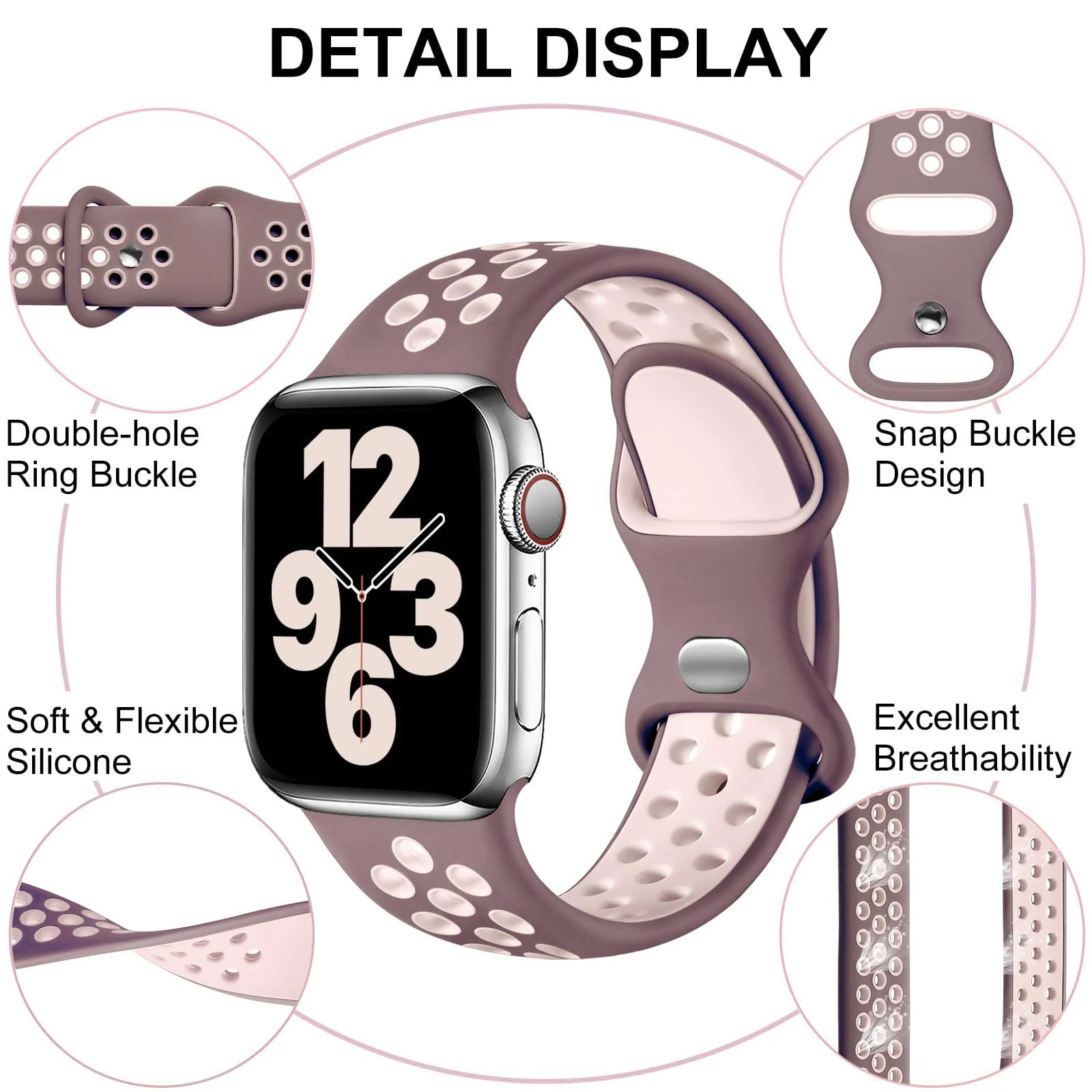 DL3 Mobilak Sport Strap For Apple Watch 49mm 45mm 44mm 42mm 41mm 40mm 38mm, Breathable Silicone Double Hole Band, for iWatch Ultra 2 Series 9 8 7 6 5 4 3 SE (RosyBrown & SeaShell, 42mm/44mm/45mm/49mm) - Black