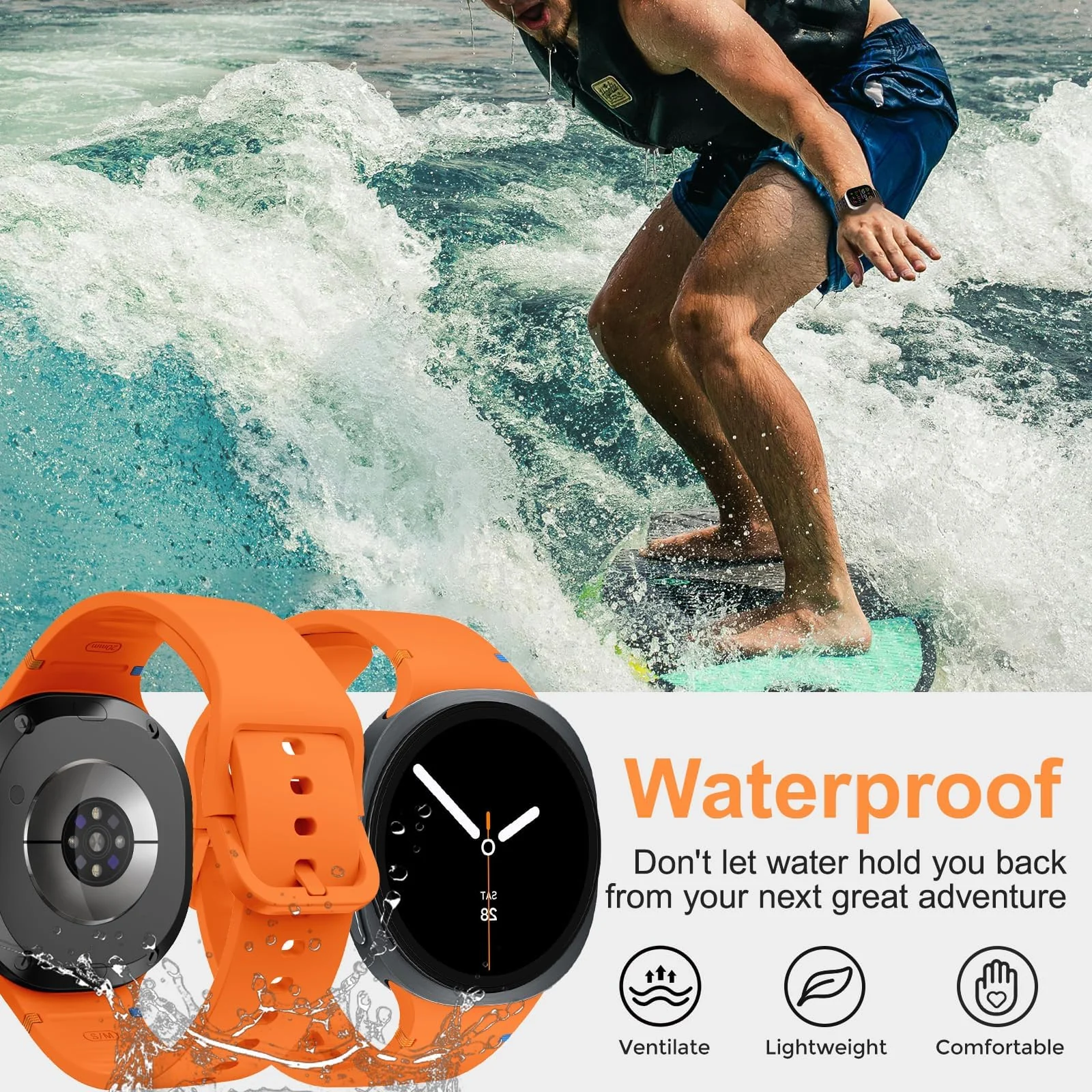 DL3 Mobilak Silicone Bands Compatible with Samsung Galaxy Watch 8 Band 40mm 44mm, Galaxy Watch 8 Classic Band 46mm, Waterproof Soft Wristband Sport Strap for Galaxy Watch 8 Bands 2025 Women Men - Orange