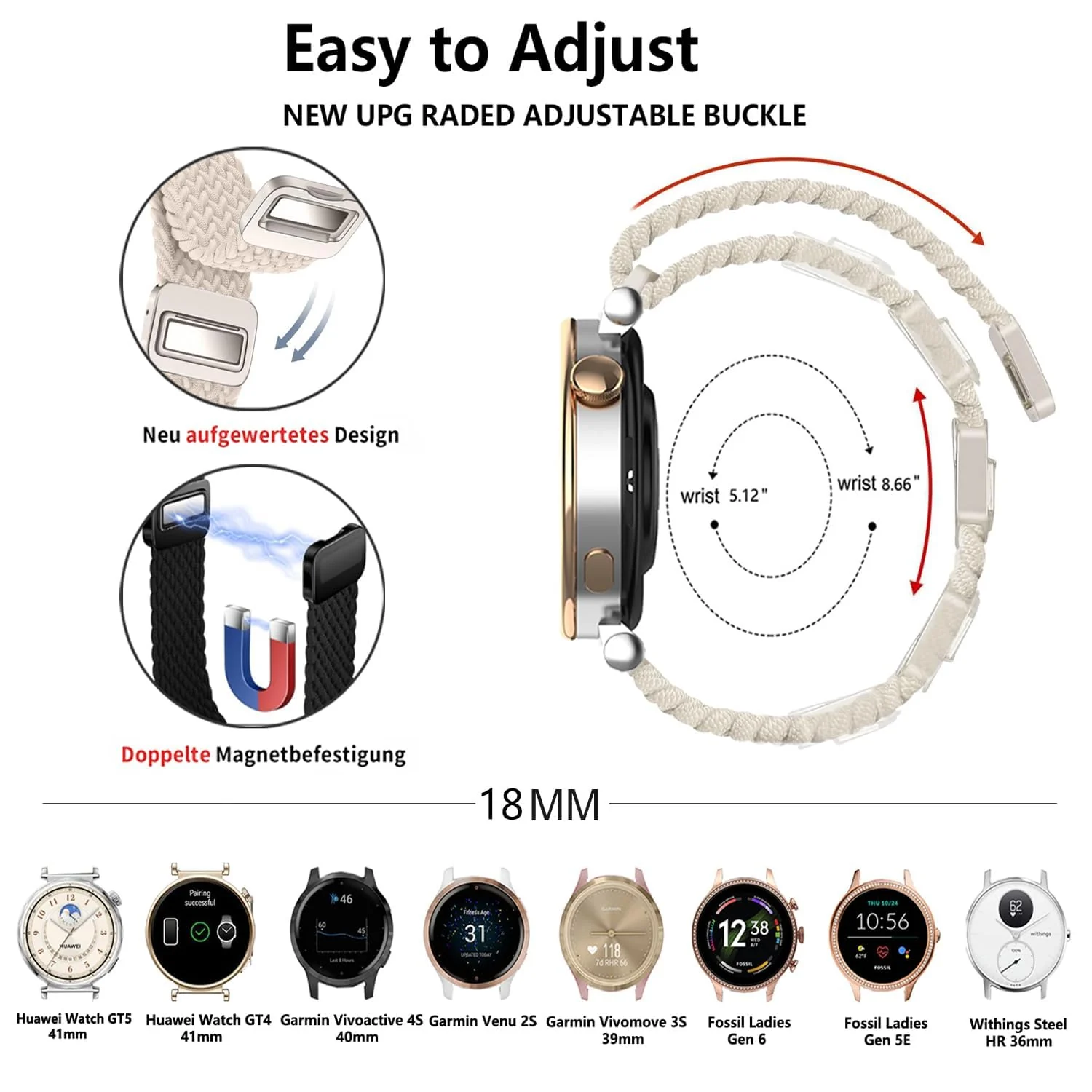 DL3 Mobilak 18mm Nylon Braided band compatible with Huawei Watch GT6 41mm/GT5 Pro 42mm/GT5 41mm/GT4 41mm/Huawei Watch 5 42mm, Magnetic Buckle Stretchy Nylon Strap for Garmin Venu 2S/3S/Vivomove 3S/Vivoactive 4S - Green