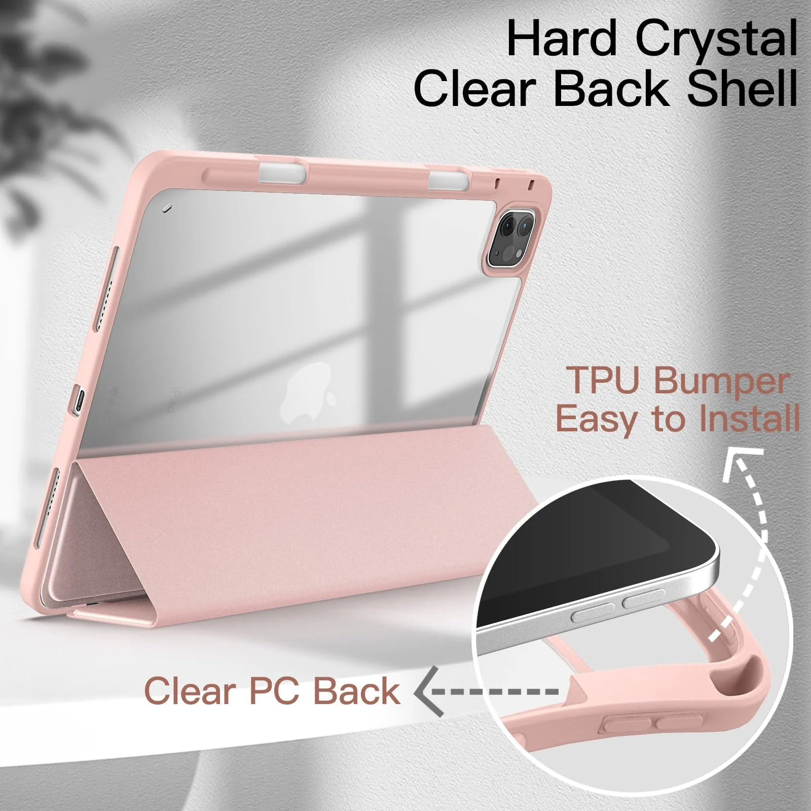 DL3 Mobilak for iPad Pro 11 Inch Case 4th /3rd /2nd Generation(2022/2021/ 2020), Clear Shockproof Back Cover Built-in Pencil Holder, Auto Sleep/Wake - Pink