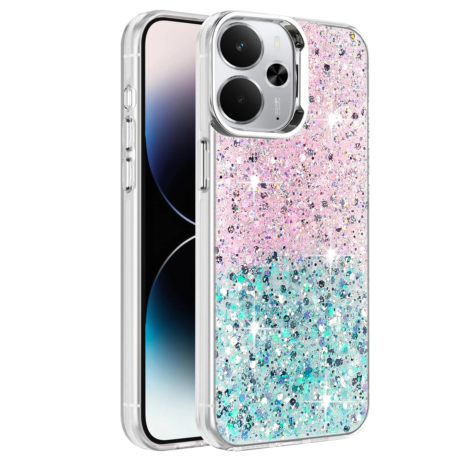 Dl3 Mobilak Compatible with Realme 14 Case, Clear Glitter Bling Sparkly, Soft TPU Frame Bumper, Hard-Back Cover for Women & Girls, Transparent Protective Phone Case (Pink Purple)