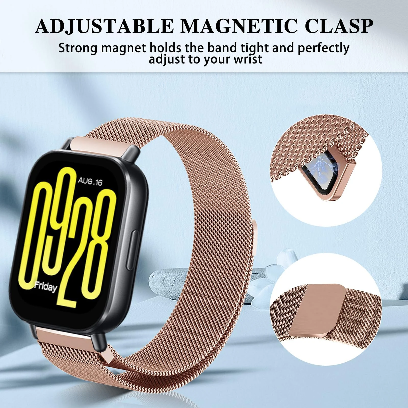 DL3 MOBILAK Milanese Magnetic Stainless-Steel Watch Strap for Xiaomi Redmi Watch 5 Lite and 5 Active - Rose Gold