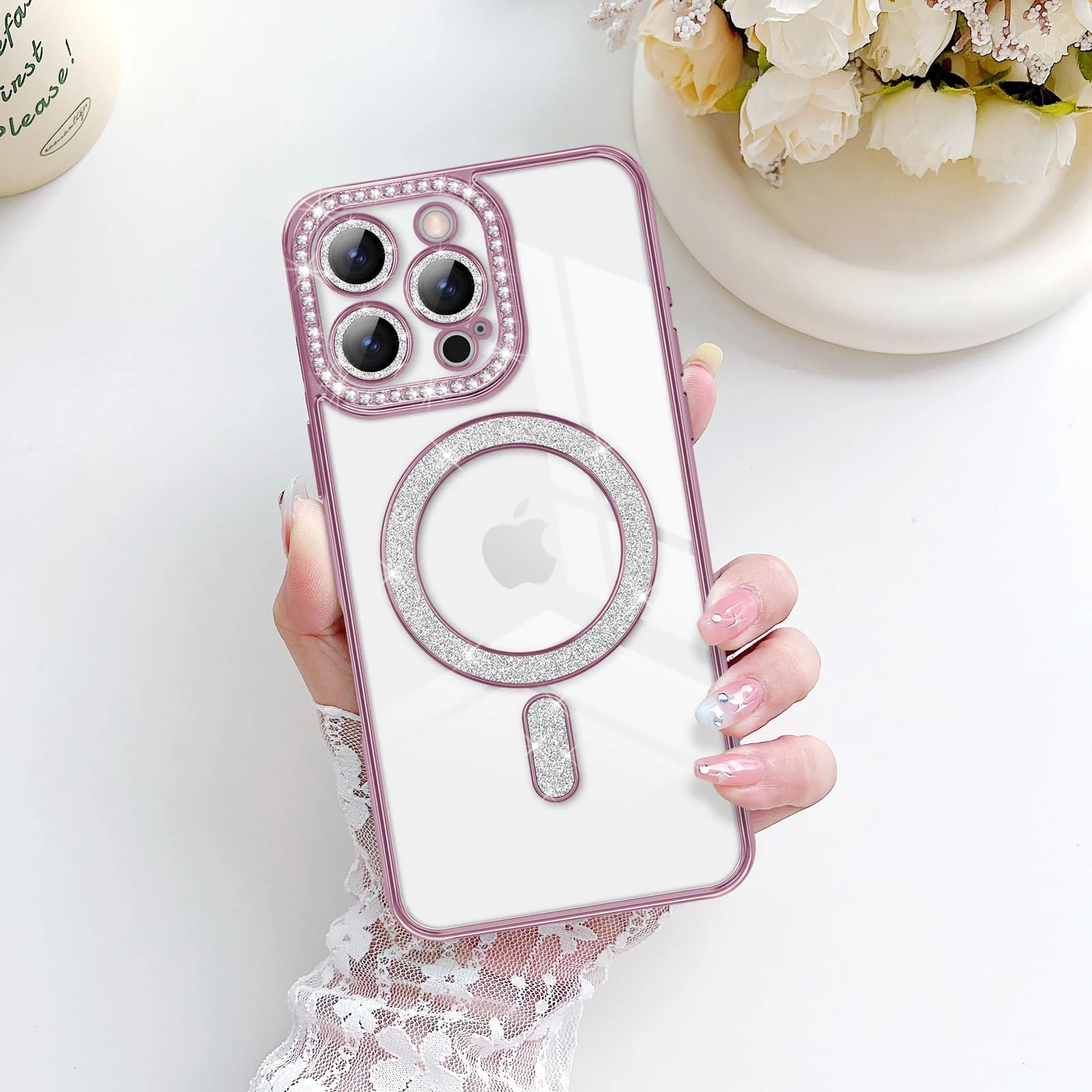 DL3 Mobilak MagSafe-Compatible Magnetic Case for iPhone 15 Pro with Camera Protection and Magnetic Car-Mount Support - Pink