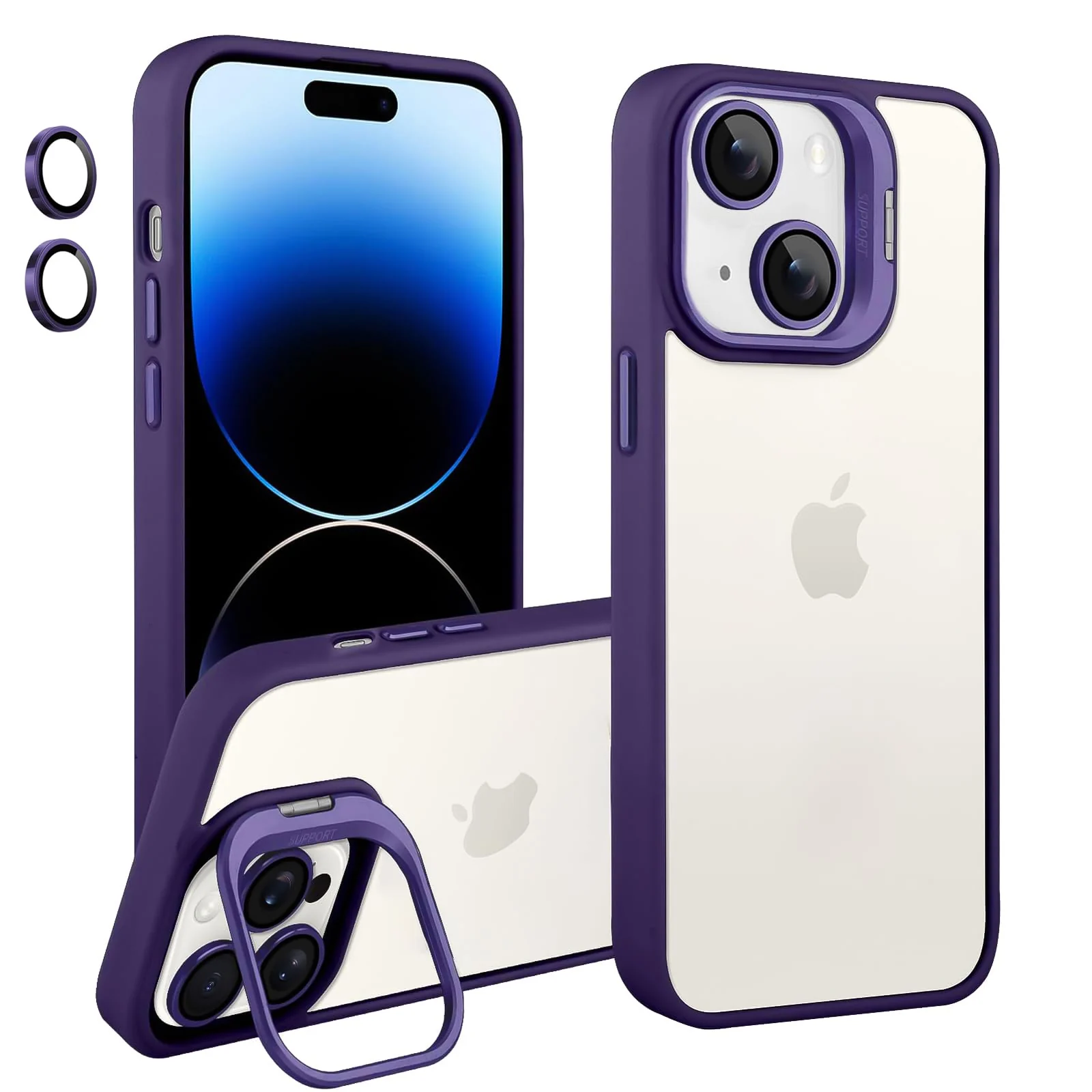DL3 Mobilak Clear PC and TPU Case with Camera Ring Kickstand and Lens Protector for iPhone 15 - Purple