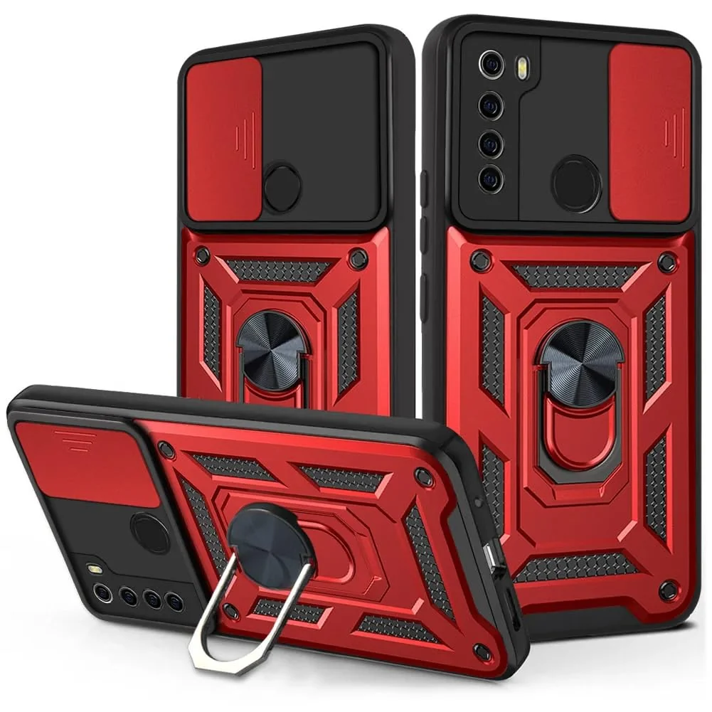 DL3 Mobilak Military-Grade Protective Case with Sliding Camera Cover, Metal Ring Kickstand and Magnetic Car-Mount Support for Xiaomi Redmi Note 8 (2019 / 2021) - Red