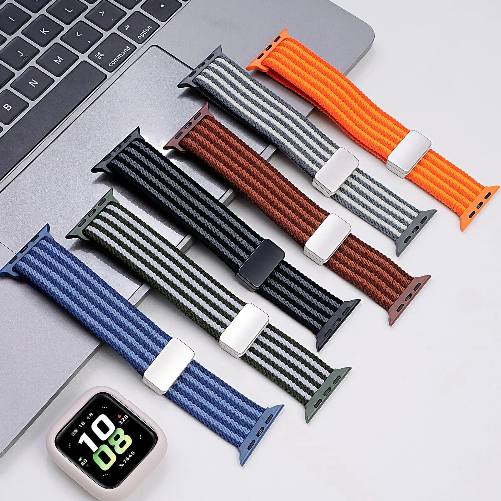 DL3 Mobilak Sport Solo Loop Compatible with Apple Watch Band 42mm 44mm 45mm 46mm 49mm for Women Men, Magnetic Strap Stretchy Braided Wristband for iWatch Series 11 10 9 8 7 6 5 4 3 Ultra 3 2 1 SE SE2 - Green Striped