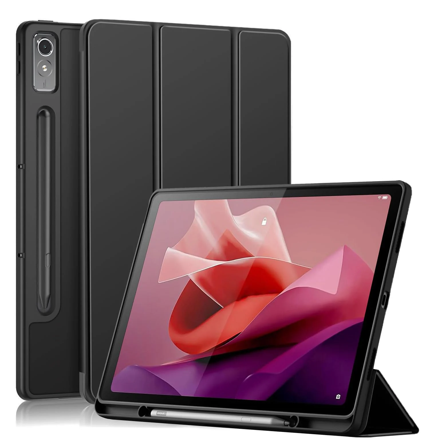 DL3 Mobilak Lenovo Tab P12 12.7 inch 2023 (TB-370FU/TB-371FC) Case with Pen Holder, Soft TPU Back Trifold Stand Protective Smart Cover Flip, Auto Wake&Sleep (Pink)