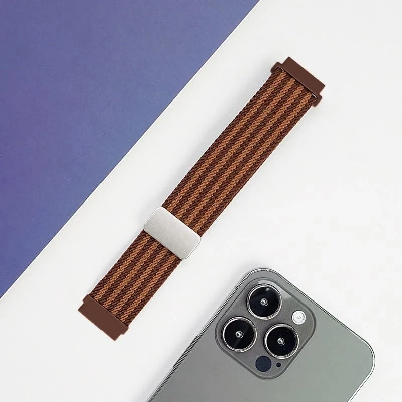 DL3 Mobilak 18mm Nylon Braided band compatible with Huawei Watch GT6 41mm/GT5 Pro 42mm/GT5 41mm/GT4 41mm/Huawei Watch 5 42mm, Magnetic Buckle Stretchy Nylon Strap for Garmin Venu 2S/3S/Vivomove 3S/Vivoactive 4S - Brown Striped