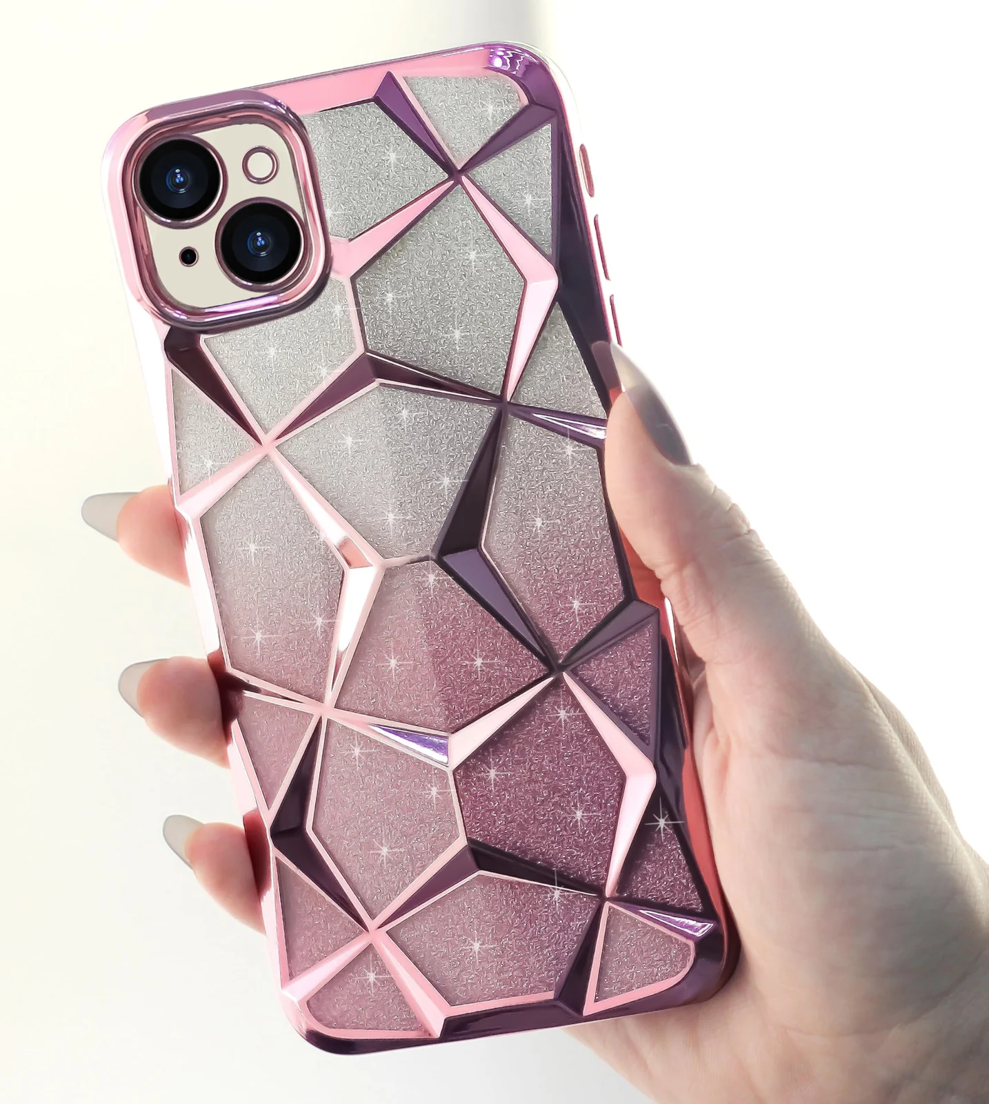 DL3 Mobilak Compatible with iPhone 15 (6.1 Inch) Case Plating Bling Gradient Glitter Clear Cover Soft TPU Silicone Cute Camera Protection Shockproof Back for Women Girls Case - Pink