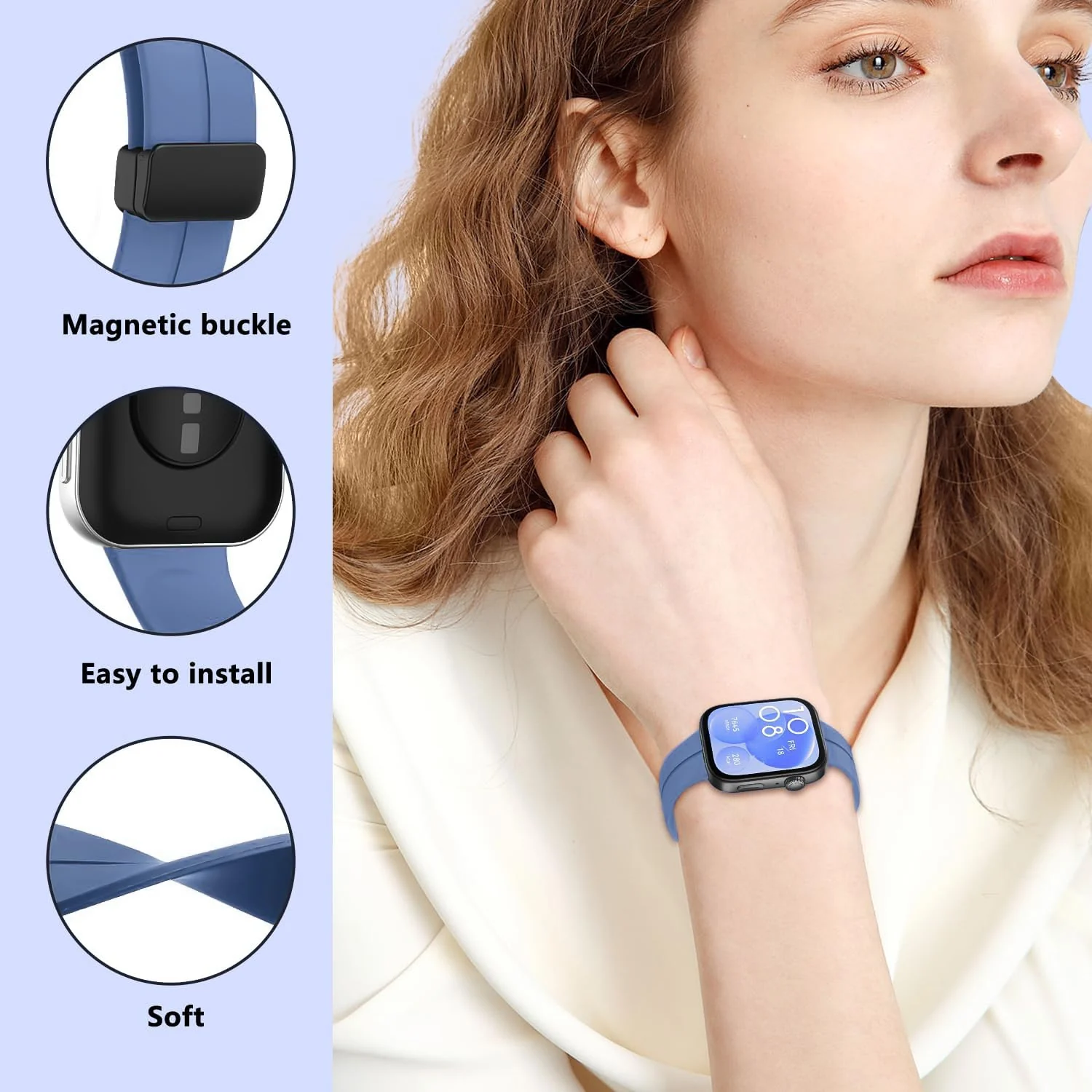DL3 Mobilak Silicone Strap Compatible with Huawei Watch Fit 3/Watch Fit 4 Pro/Fit 4 Magnetic Metal Stainless Buckle Sport Silicone Strap, Band Quick Release Soft Replacment Wristband - Star Blue
