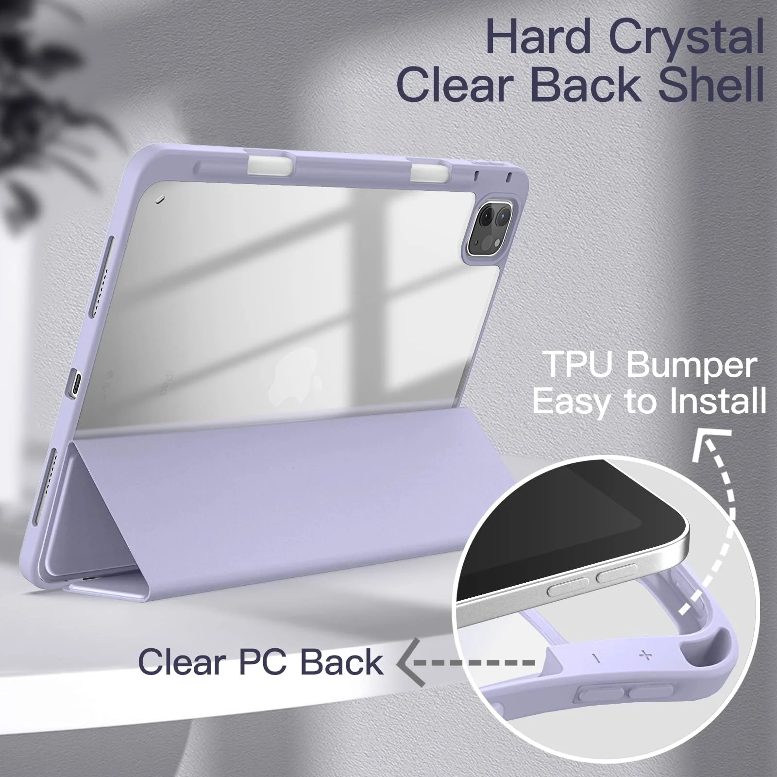 DL3 Mobilak for iPad Pro 11 Inch Case 4th /3rd /2nd Generation(2022/2021/ 2020), Clear Shockproof Back Cover Built-in Pencil Holder, Auto Sleep/Wake - Lavender