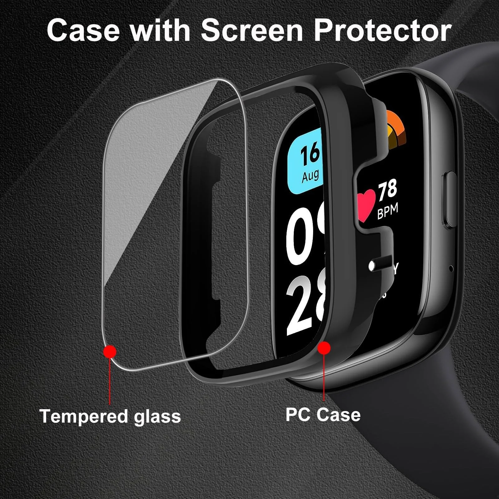 DL3 Mobilak Protective Case Compatible with Xiaomi Redmi Watch 3 Lite/Redmi Watch 3 Active 9H Hardness PC Case Bumper Full Slim Protective Cover with Tempered Glass - Black