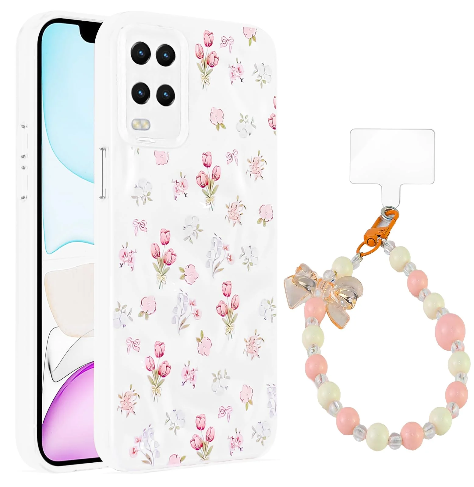 Dl3 Mobilak Case Compatible with OPPO A54 4G, Cute Printed Soft TPU Phone Cover with Beaded Wrist Strap, Shockproof Camera Protection, Slim Protective Case for Women & Girls - Style 1