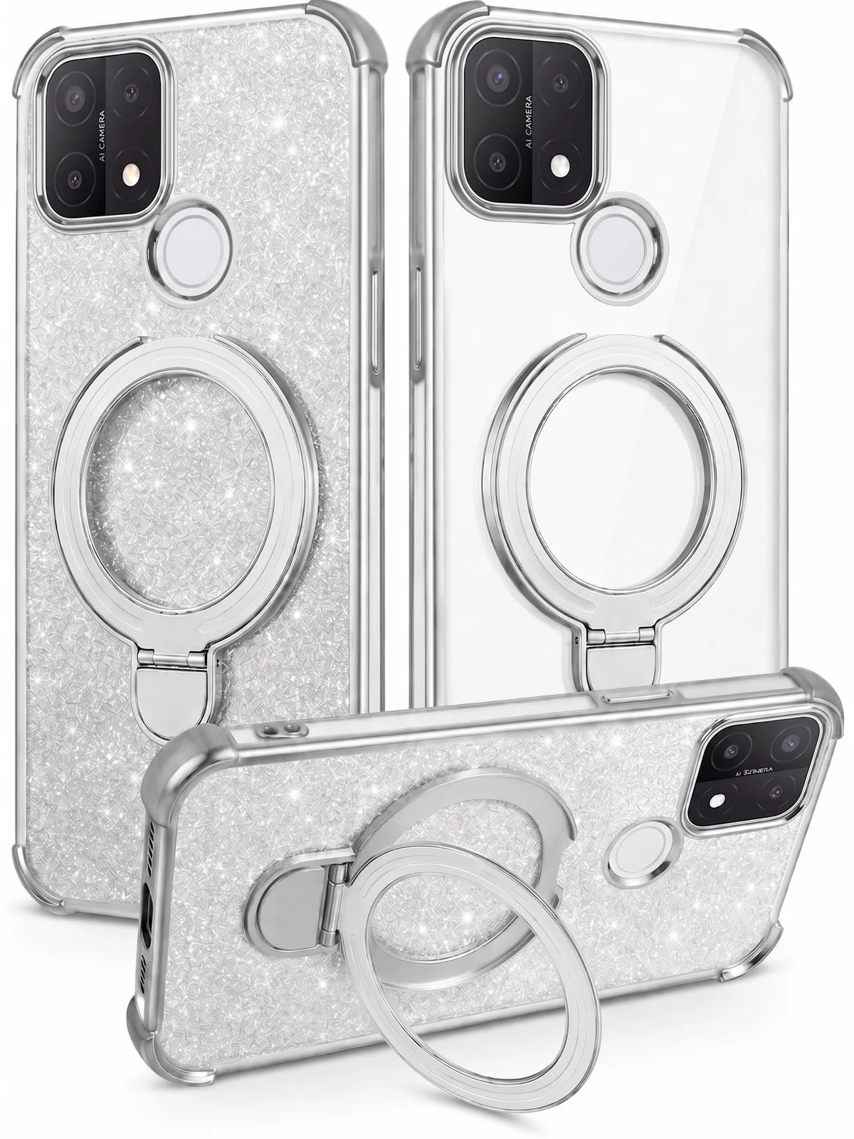 Mobigon Glitter Phone Case Compatible with OPPO A15 / OPPO A15S, Magnetic Ring Stand Shockproof Cover, Clear Soft TPU Bumper with Full Camera Protection - Silver