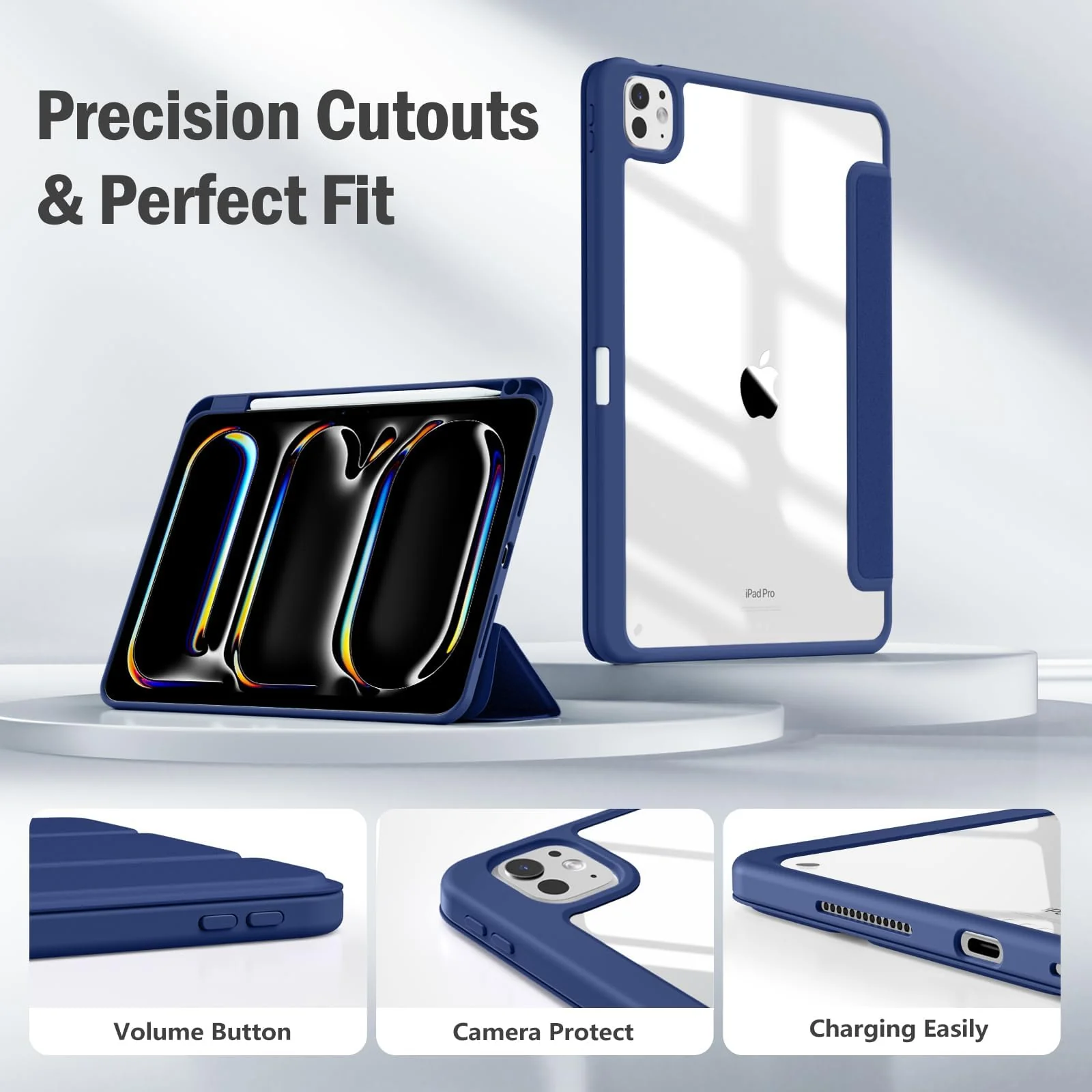 DL3 Mobilak Case for iPad Pro 11-Inch M4 2024 (5th Generation) with Pencil Holder, Clear Transparent Back Shell Slim Stand Shockproof Tablet Cover, Auto Wake/Sleep - Navy Blue