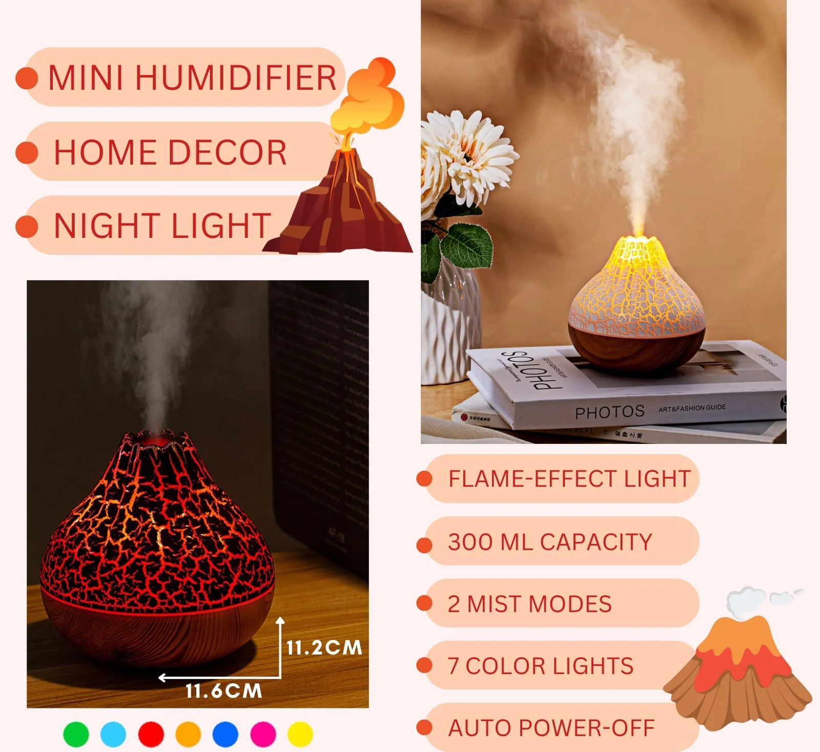 Mobigon Wood Cool Mist Ultrasonic Humidifier for Room Moisture, Aroma Diffuser for Home, 300ml Essential Oil Diffuser with 7 Colorful Night Light, Auto Shut-Off, Home, Office, car - E.Dark Brown