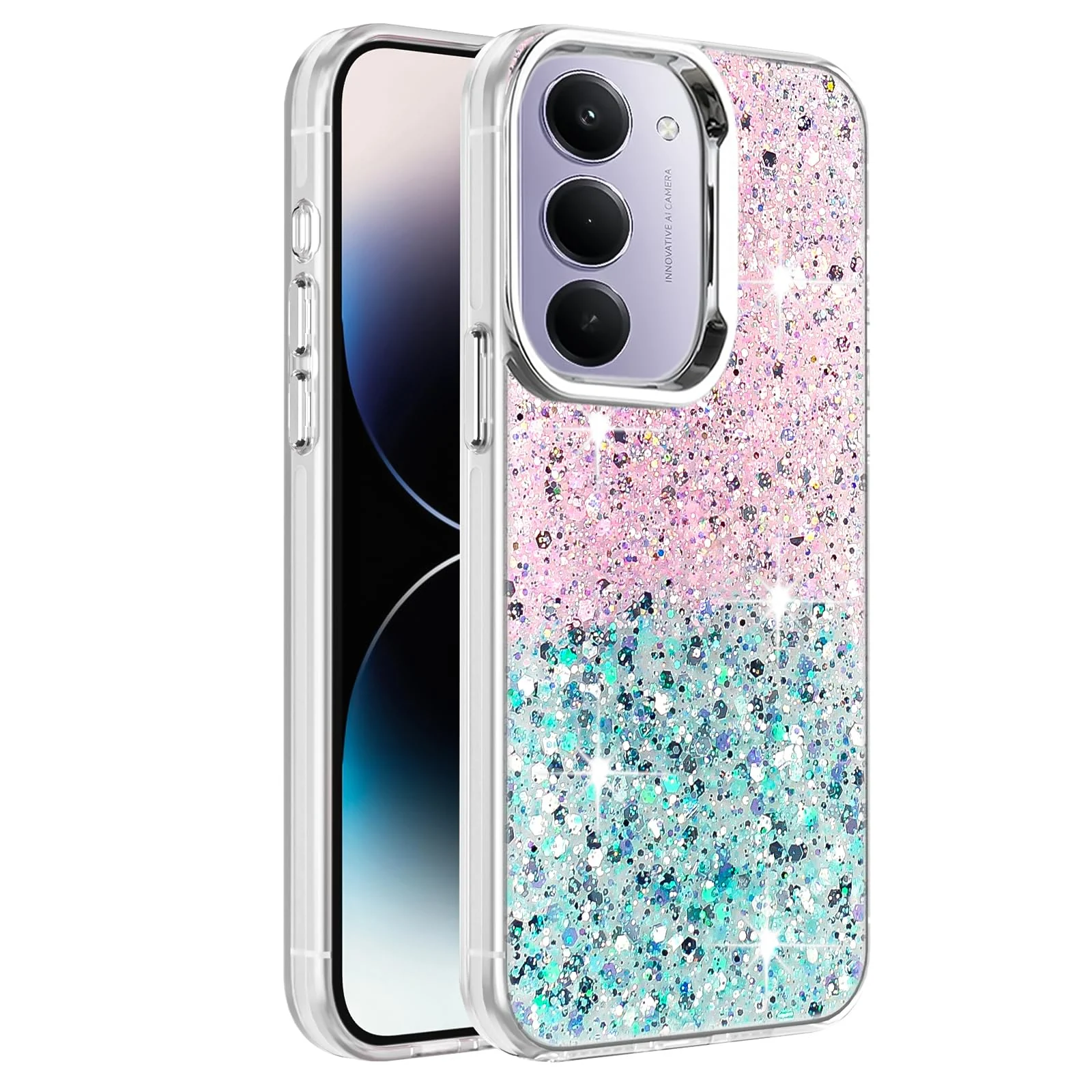 Dl3 Mobilak Compatible with Xiaomi Redmi 15 Case, Clear Glitter Bling Sparkly, Soft TPU Frame Bumper, Hard-Back Cover for Women & Girls, Transparent Protective Phone Case (White Green)