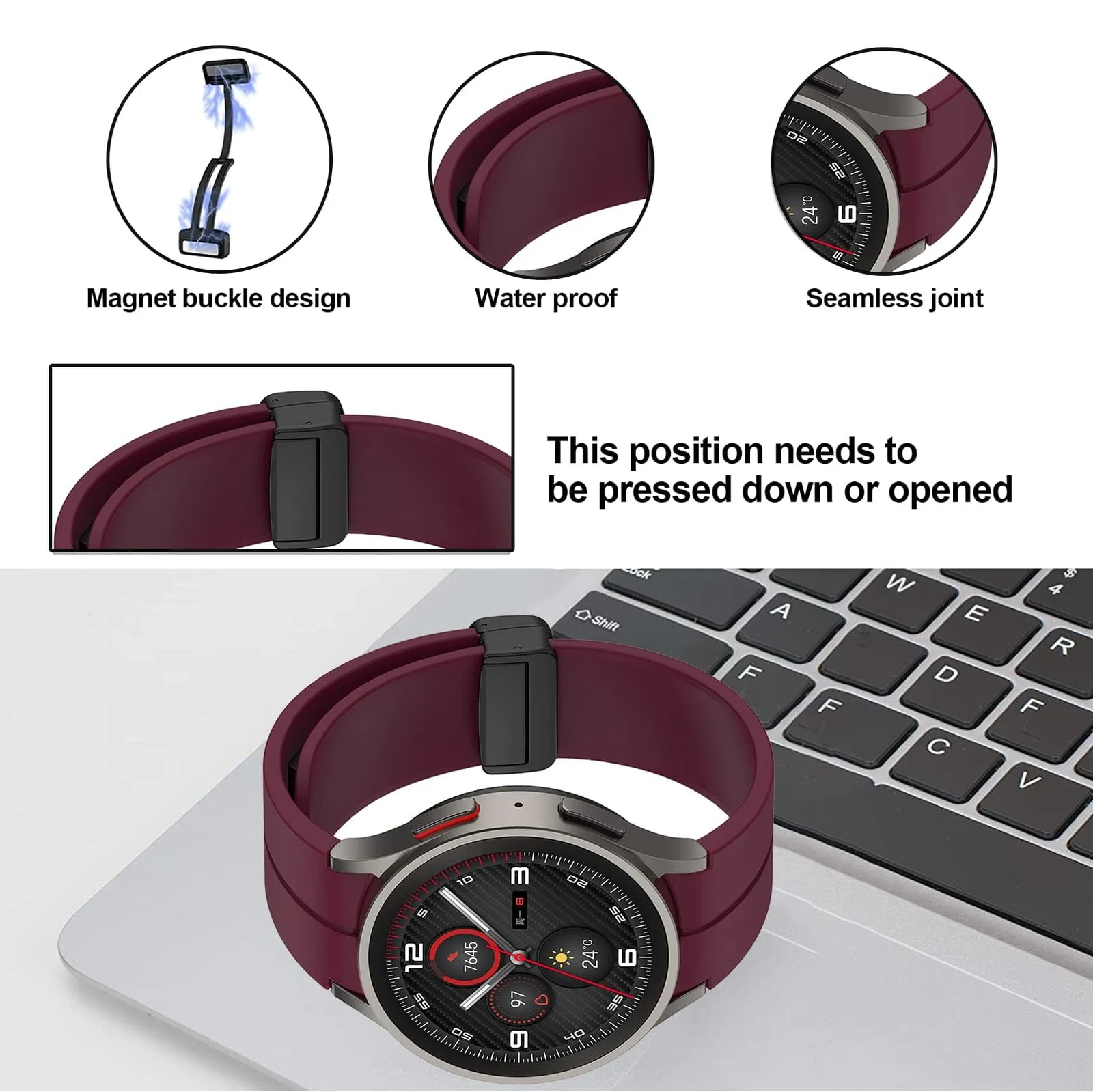 DL3 Mobilak Strap Compatible with Samsung Galaxy Watch 7 FE 6 5 4 Strap 40mm 44mm/Watch 6 Classic 43mm 47mm/5 Pro 45mm/4 Classic 42mm 46mm, No Gap Magnetic Clasp Silicone Band - Black