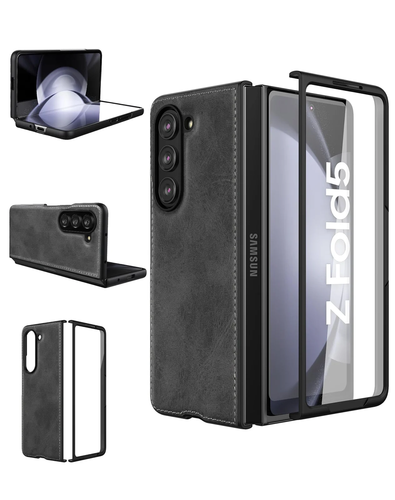 DL3 Mobilak Leather Protective Case for Samsung Galaxy Z Fold 5, Supports wireless charging, Hands-free phone support, Slim, lightweight profile - Gray