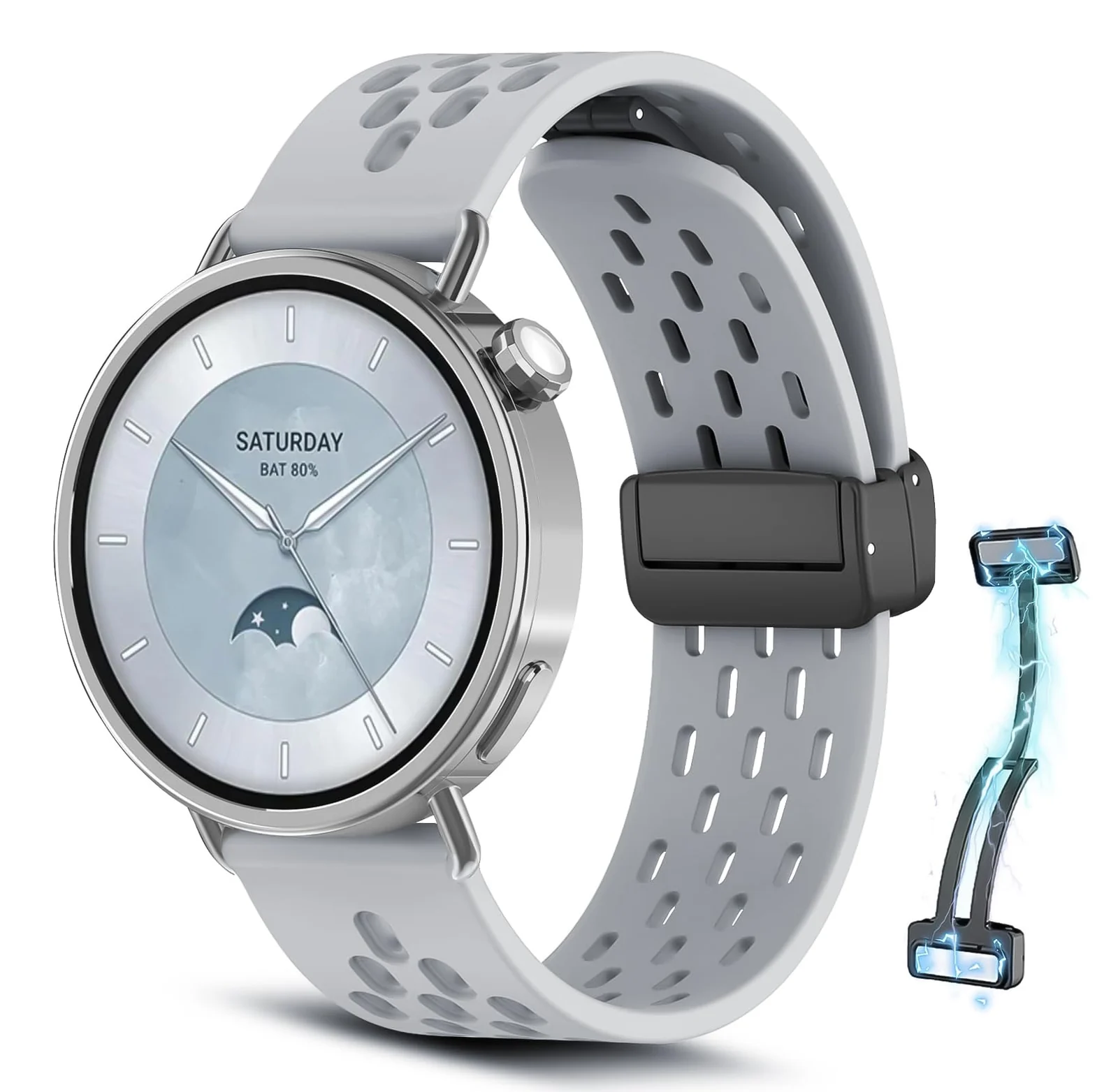 DL3 Mobilak 18mm Silicone Strap For Huawei Watch GT 6 41mm/GT 5 Pro 42 mm/GT 5 41mm/GT4 41 mm/Watch 5 42mm Magnetic Metal Buckle Sport Silicone Breathable Strap, Band Soft Replacment Wristband - Gray