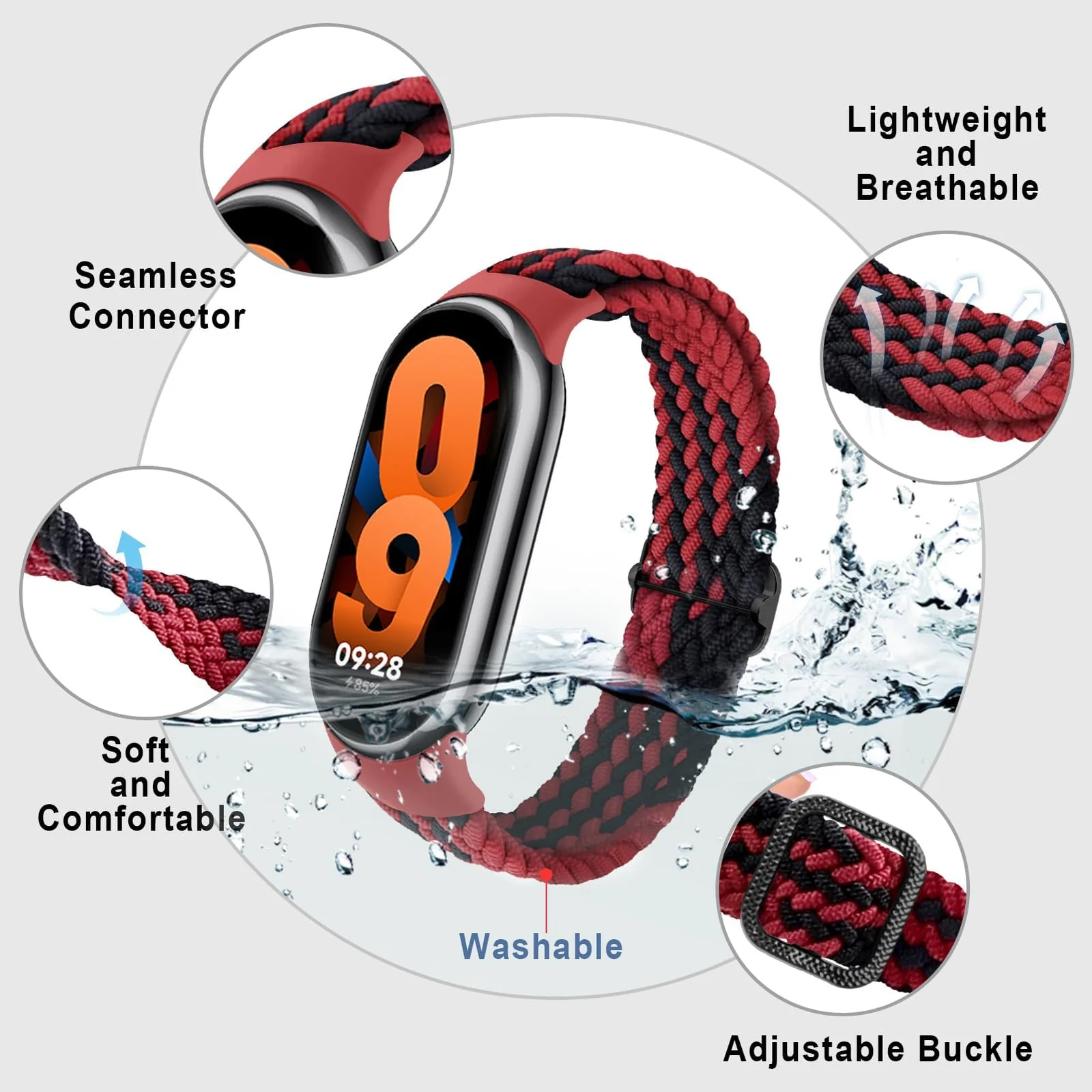 DL3 Mobilak Compatible with Xiaomi Mi Band 10/9/8 strap, Braided Solo Loop for Nylon Elastic Adjustable Replacement Wristband Compatible with Xiaomi Smart Band 8/9/10 - Red Black