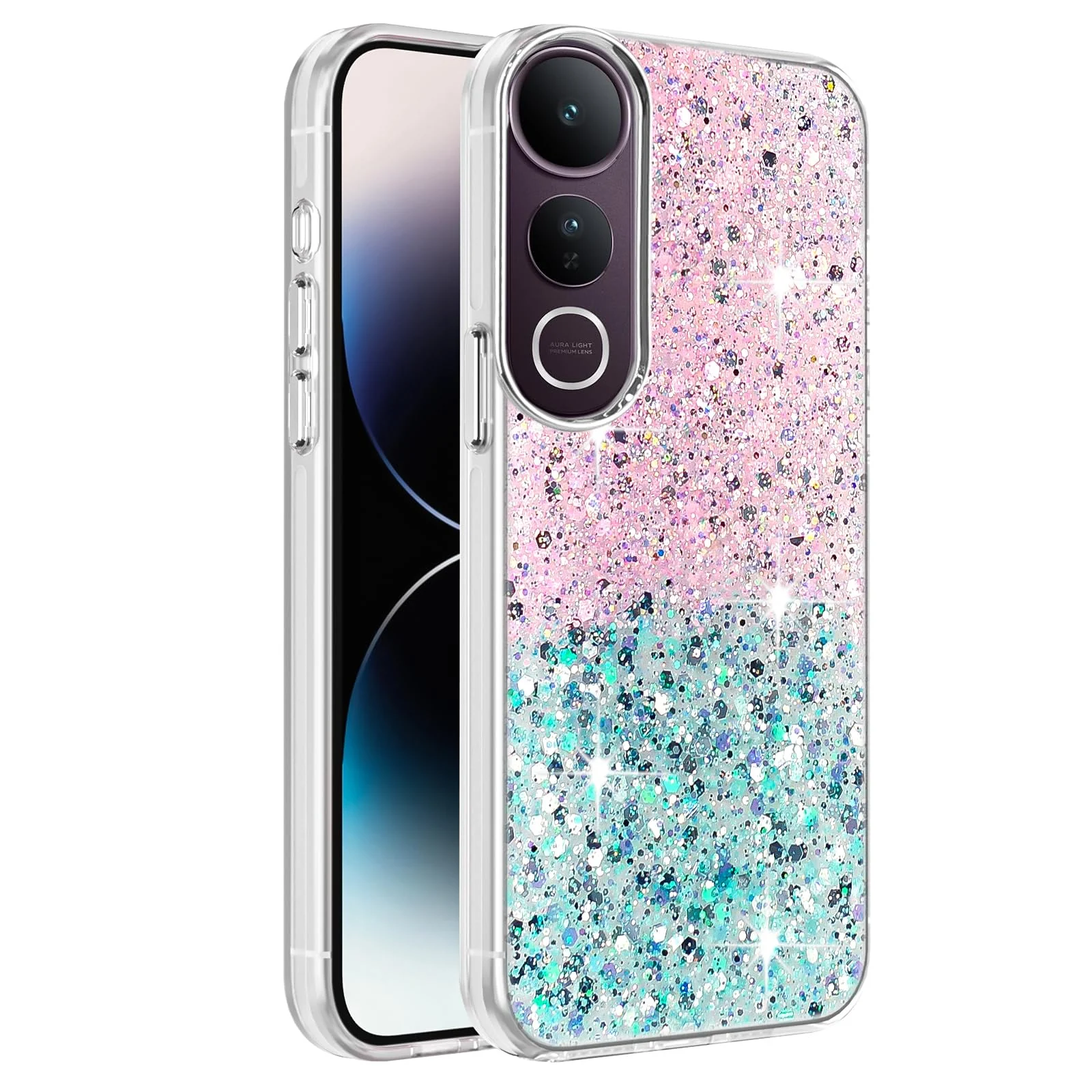 Dl3 Mobilak Compatible with Vivo V50 Lite 4G / 5G Case, Clear Glitter Bling Sparkly, Soft TPU Frame Bumper, Hard-Back Cover for Women & Girls, Transparent Protective Phone Case (Pink Green)