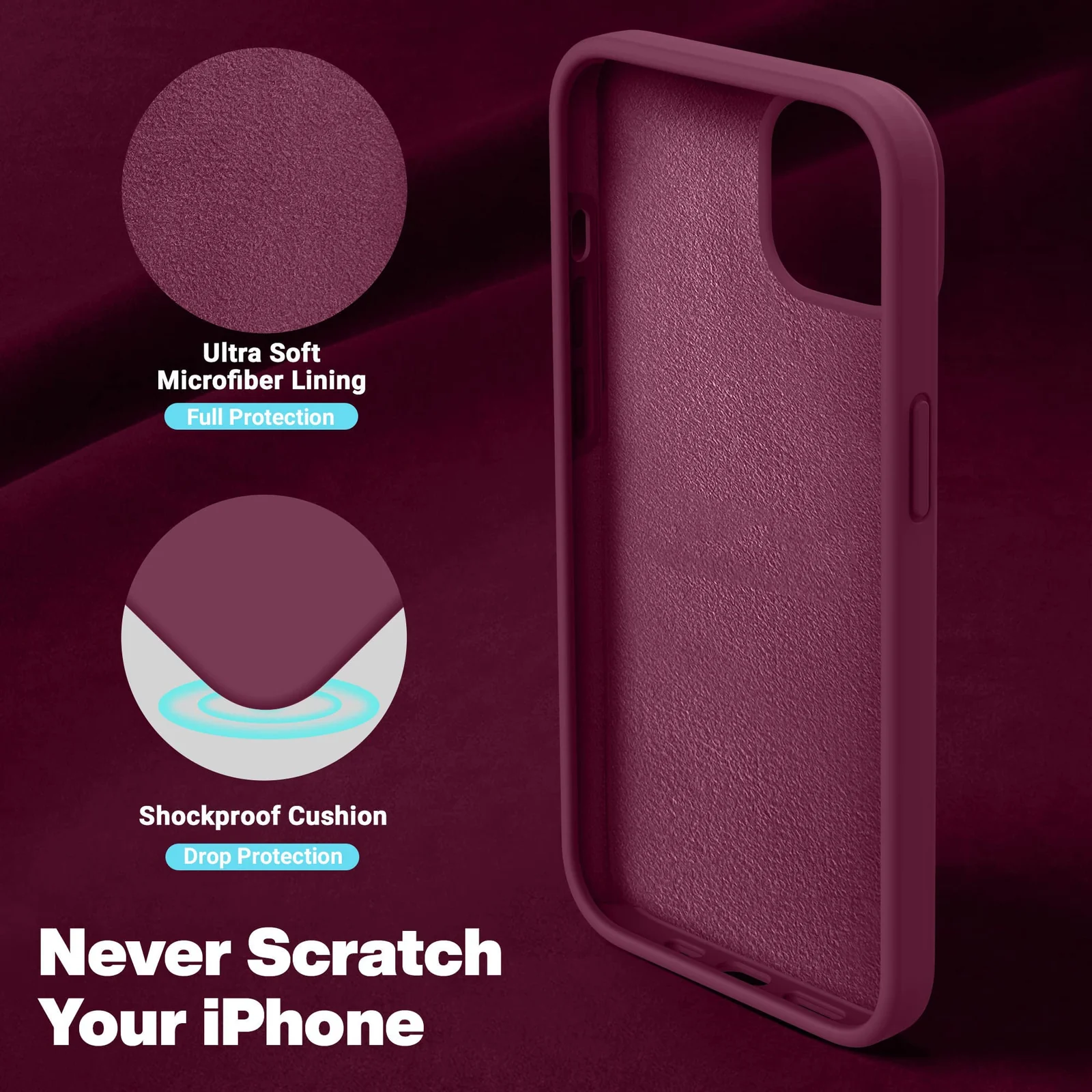 "DL3 Mobilak Liquid Silicone Protective Case with Soft Microfiber Lining for iPhone 15 Plus, iPhone 14 Plus "" - Wine Red"