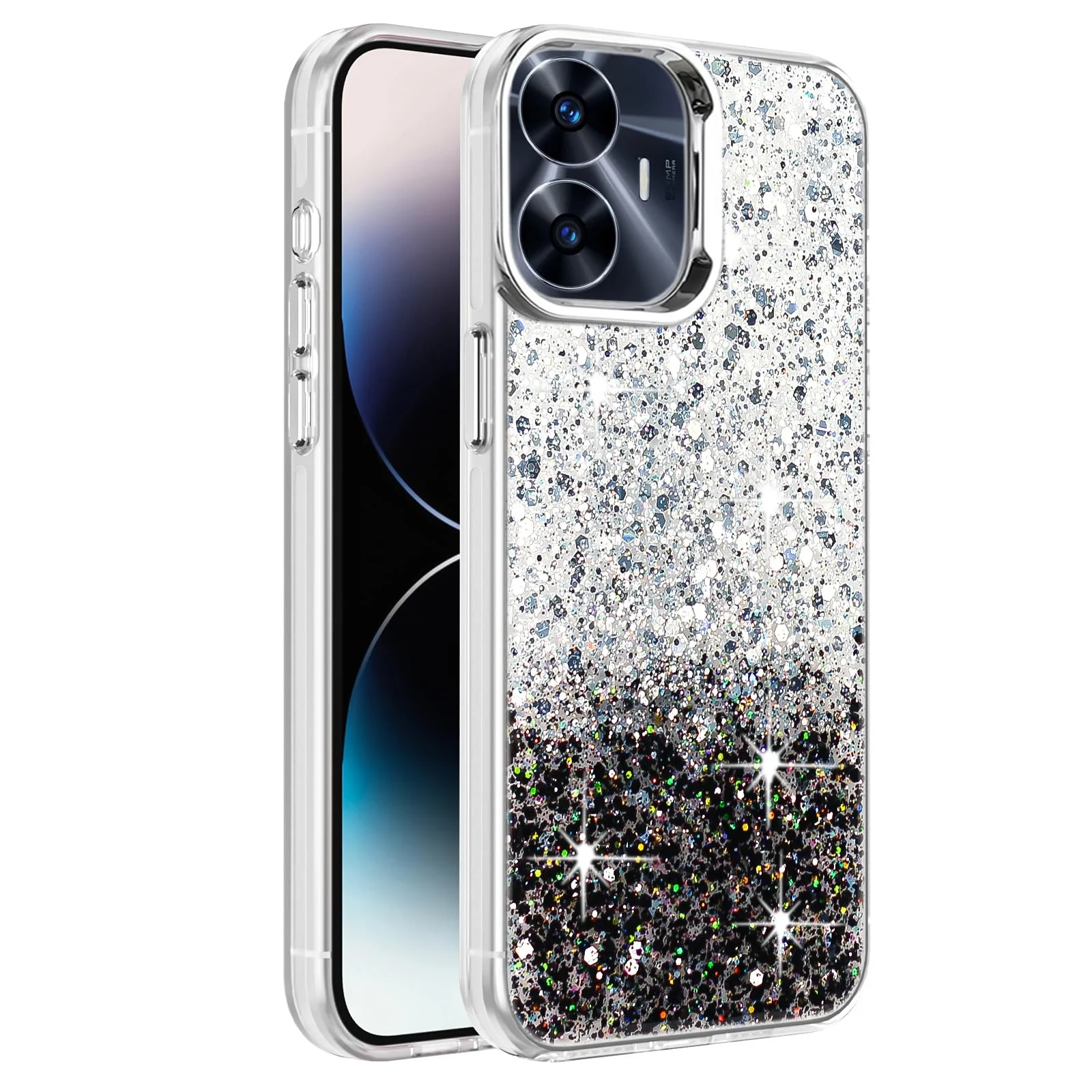 DL3 Mobilak Glitter Rhinestone Protective Case for realme C55 / realme Narzo N55 with Shockproof Design - White Black