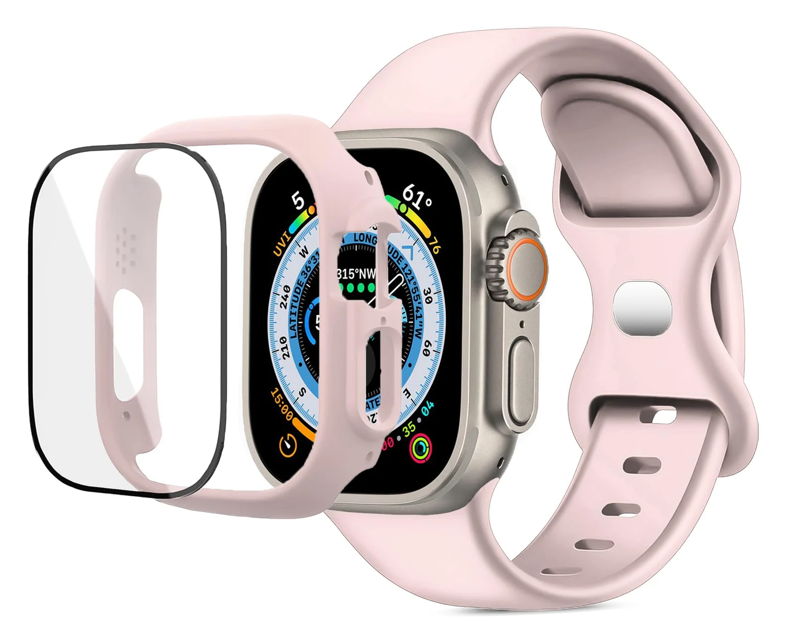 DL3 Mobilak Band with Case For Apple Watch Ultra/Ultra 2 49mm, Adjustable Silicone Sport Wristband Replacement, Strap With Cover Built-in Glass Screen Protector for iWatch Ultra 49 mm - Pink Sand