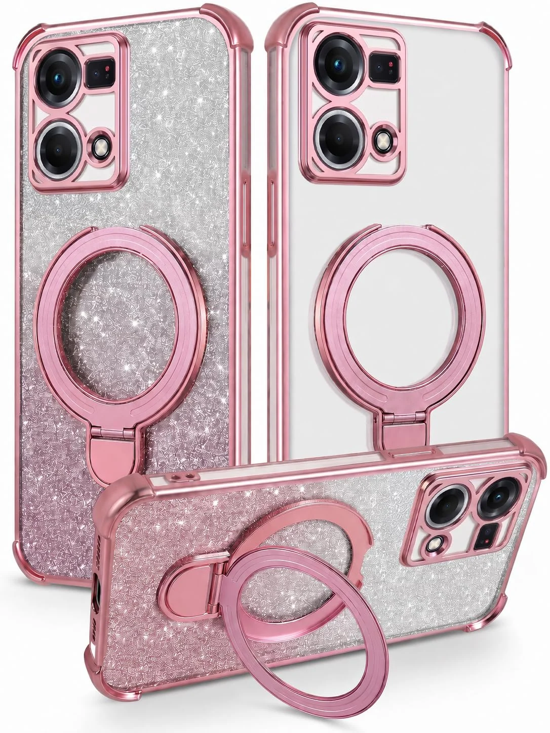 MOBIGON Glitter Phone Case with Magnetic Ring Stand for OPPO Reno 8 4G / Reno 7 4G, Pink