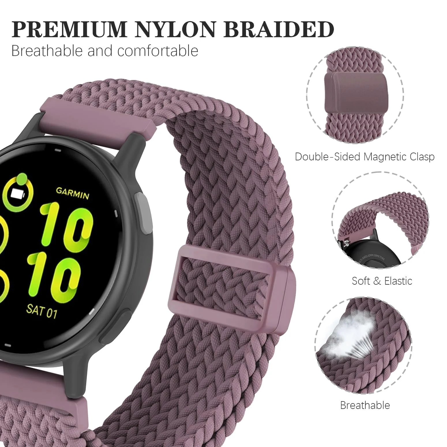 DL3 Mobilak 20mm Magnetic Band for Samsung Galaxy Watch 7/6/5/4/FE Band 40mm 44mm/Galaxy Watch 6/4 Classic Bands 47mm 43mm 46mm 42mm/Watch 5 pro 45mm/3 41mm/Active 2, Stretchy Braided Nylon Magnetic Sport Strap - Smoke Violet