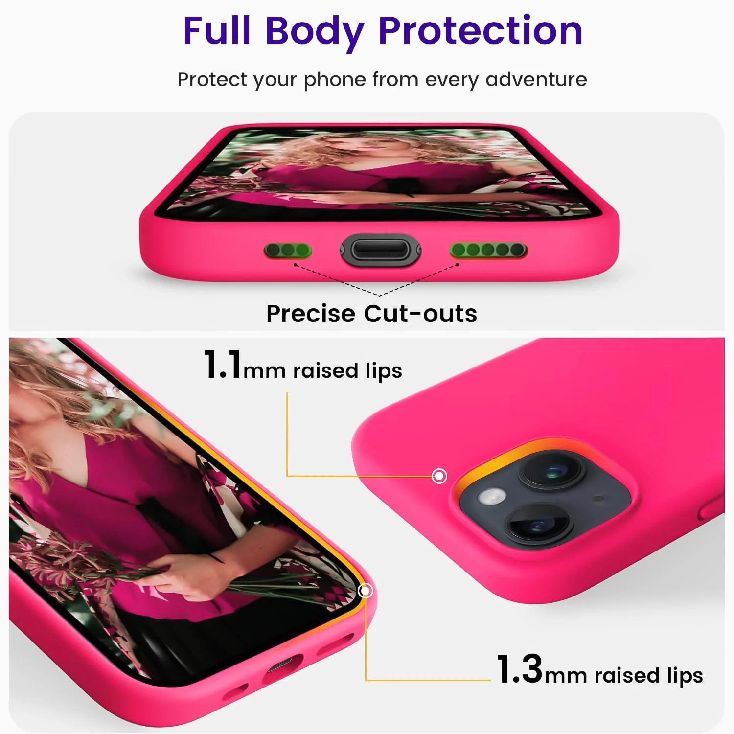 DL3 Mobilak Liquid Silicone Protective Case for iPhone 14 (6.1 Inch) with Camera Protection and Microfiber Lining - Neon Pink