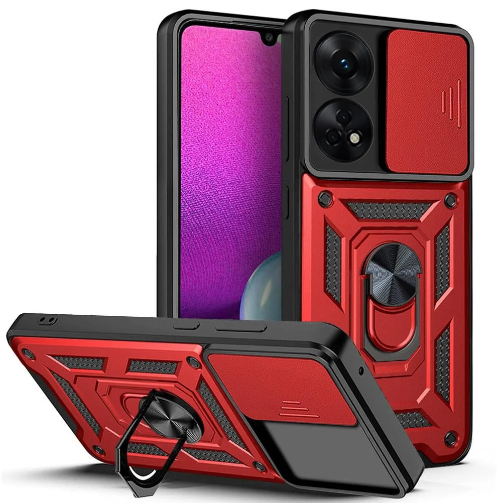 DL3 Mobilak Military-Grade Protective Case with Sliding Camera Cover, Metal Ring Kickstand and Magnetic Car-Mount Support for OPPO Reno 8T 4G (Reno8T) - Red
