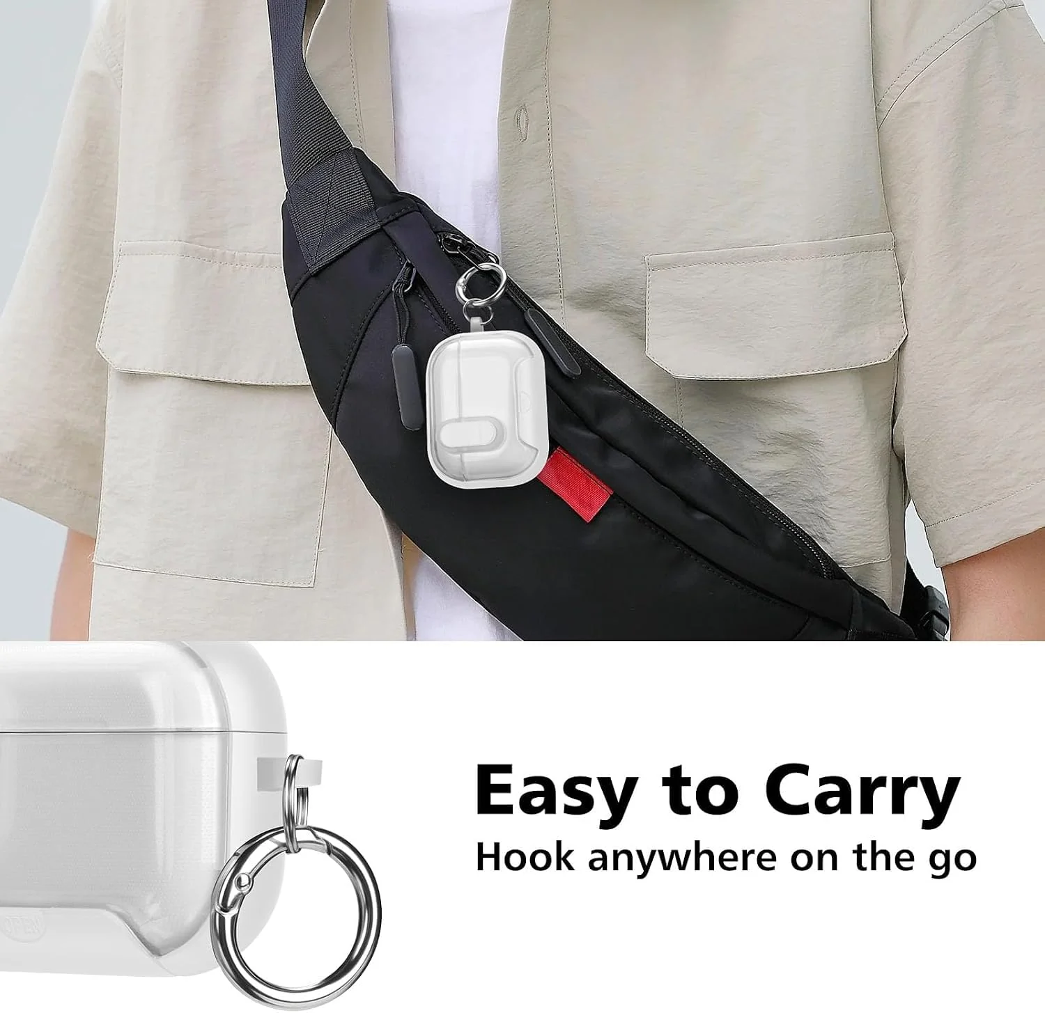 MOBIGON Locking Protective Case with Carabiner for AirPods Pro 1 / 2, Clear / White