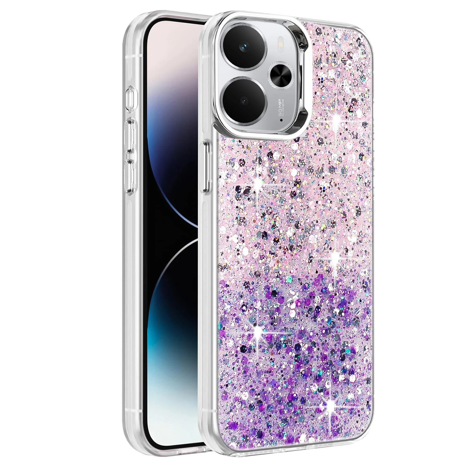Dl3 Mobilak Compatible with Realme 14 Case, Clear Glitter Bling Sparkly, Soft TPU Frame Bumper, Hard-Back Cover for Women & Girls, Transparent Protective Phone Case (Pink Purple)