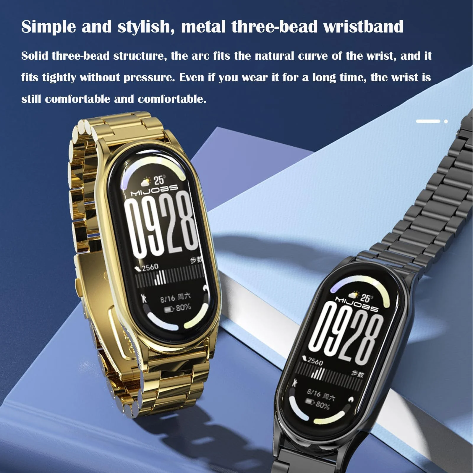 MOBIGON Stainless Steel Bracelet Strap with Double-Folding Clasp for Xiaomi Smart Band 8 / 9 / 10, Gold