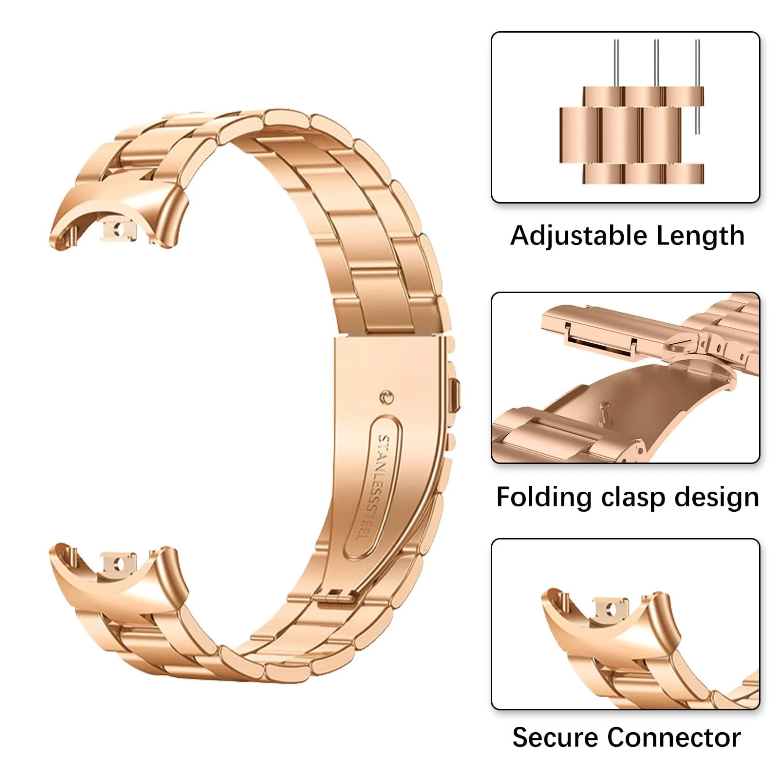 MOBIGON Stainless Steel Bracelet Strap with Double-Folding Clasp for Xiaomi Smart Band 8 / 9 / 10, Rose Gold