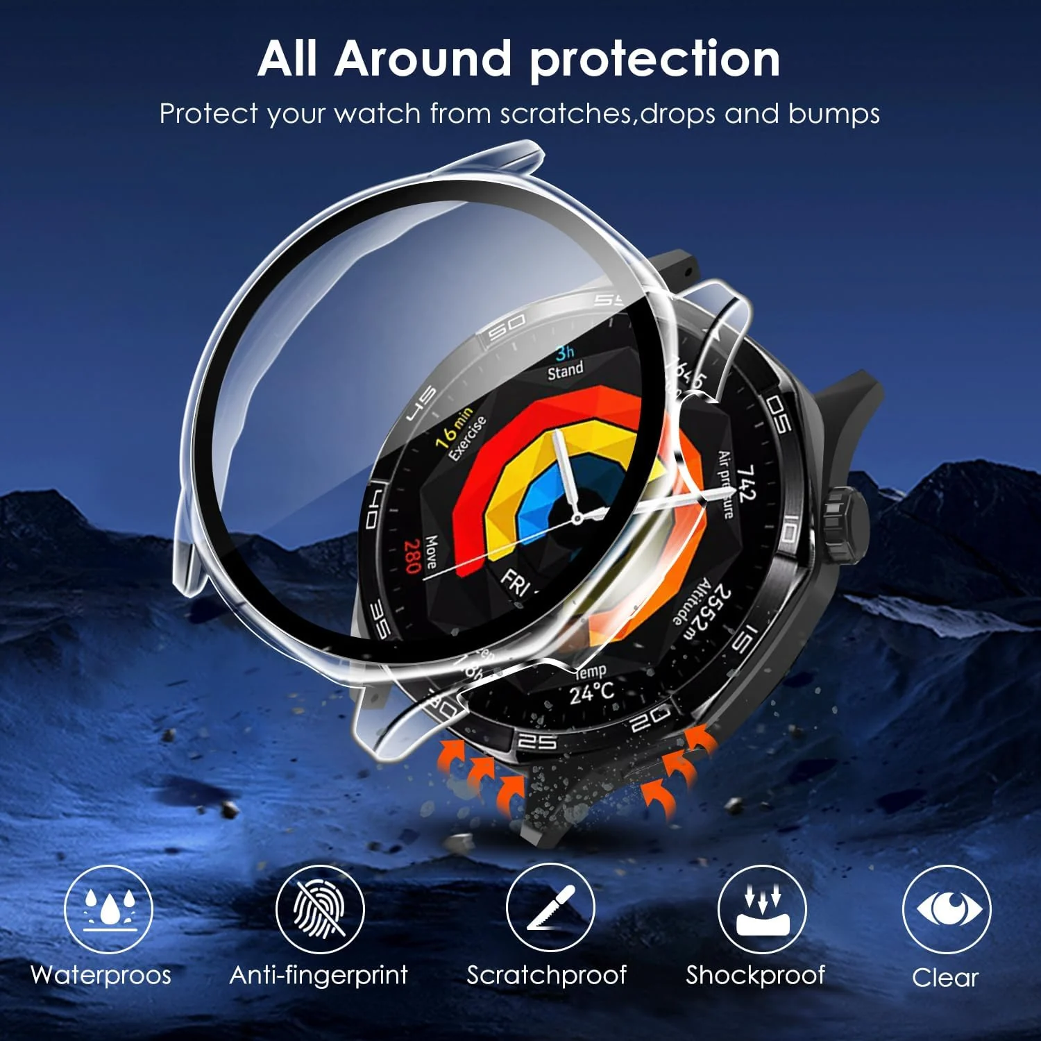 DL3 Mobilak Case with Screen Protector for Huawei Watch GT5 46 mm, Bumper Full Coverage Hard PC Overall Protective Cover, Built-in Tempered Glass Film High Sensitivity For Huawei GT 5 46mm - Clear