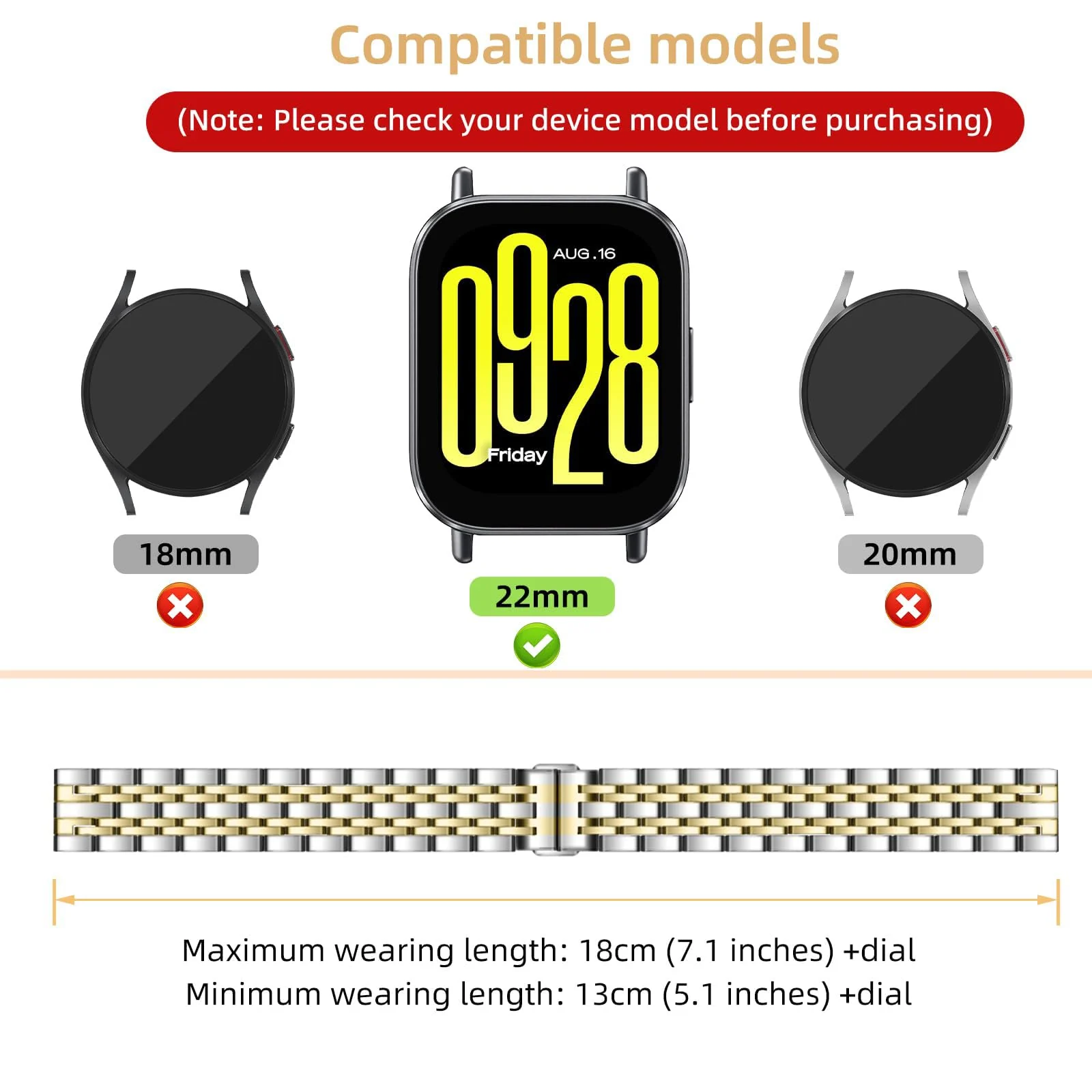 DL3 MOBILAK Adjustable Stainless-Steel Link Watch Strap for Xiaomi Redmi Watch 5 Lite and 5 Active - Silver/Gold
