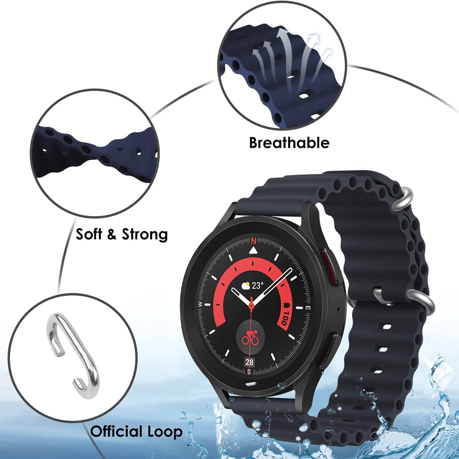 DL3 Mobilak Ocean Bands Silicone 20MM Strap For Samsung Galaxy Watch 7 6 5 4 40mm 44mm/5 Pro 45mm/S2 classic/active 2 40mm 44mm/Amazfi GTS 2/2e/GTS 3/3 Pro/GTS 4/GTS 2 Mini/3 Mini/4 Mini/Bip 3 Pro - Navy Blue