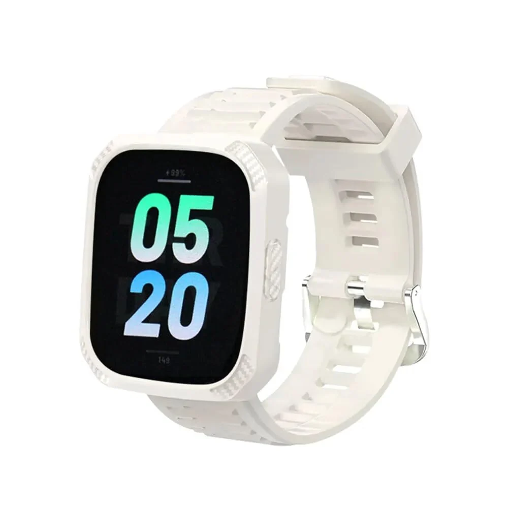 DL3 Mobilak Silicone Strap Carbon Fibre With Case Cover for Xiaomi Redmi Watch 3 Integrated strap Wristband Bracelet Metal Buckle correa Smartwatch Accessories For Redmi Watch3 - Ivory White
