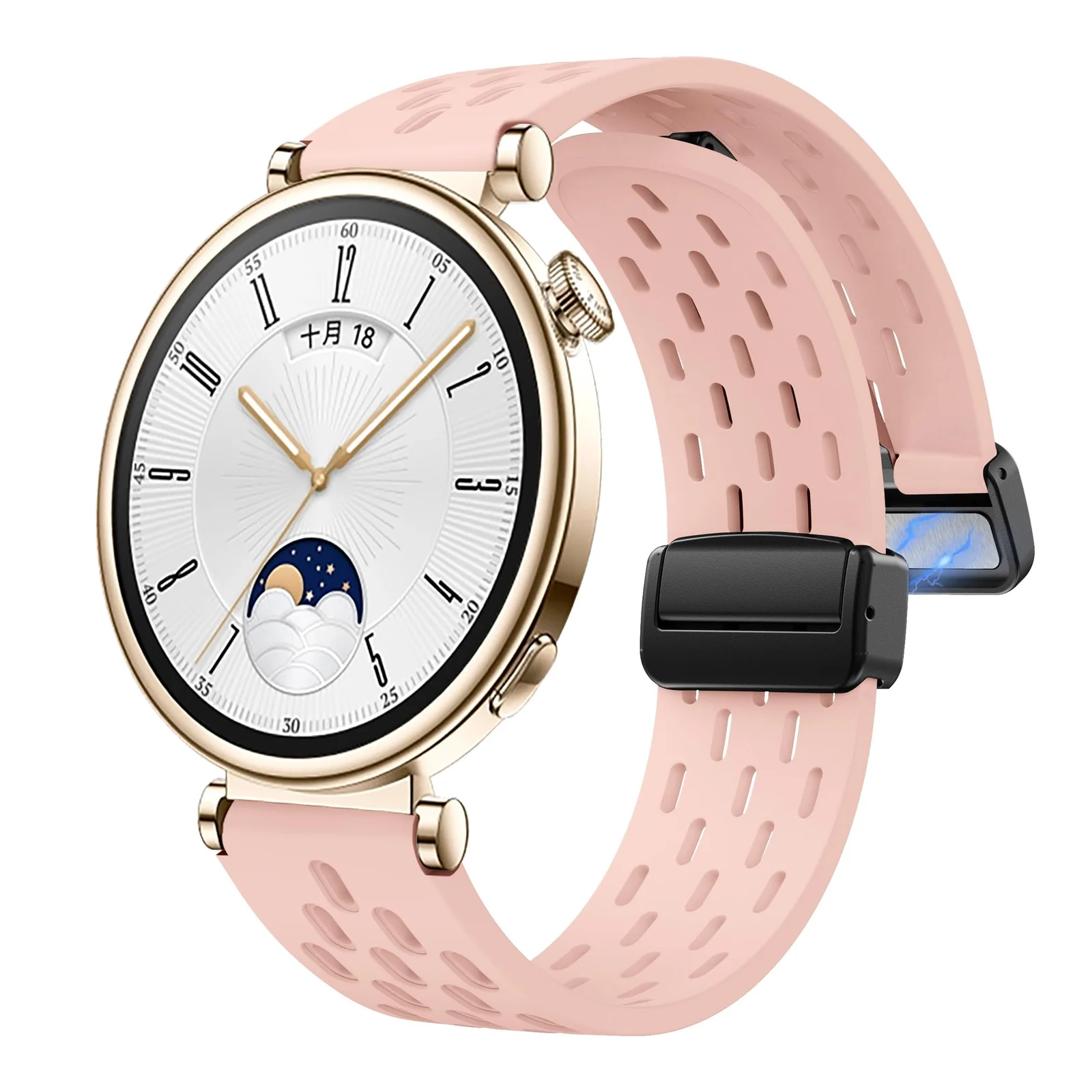 DL3 Mobilak 18mm Silicone Strap For Huawei Watch GT 6 41mm/GT 5 Pro 42 mm/GT 5 41mm/GT4 41 mm/Watch 5 42mm Magnetic Metal Buckle Sport Silicone Breathable Strap, Band Soft Replacment Wristband - Light Pink