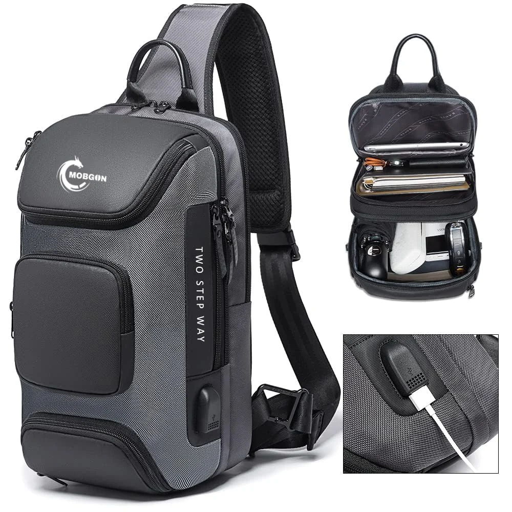 Mobigon Laptop Sling Backpack Anti Theft Bag, Hiking Daypack 13 Inch Fits iPad - Tablet 7 to 9.7 Inch Nylon Travel Bags for Men, Single Shoulder Camping Dayback with USB Charging Port - Gray