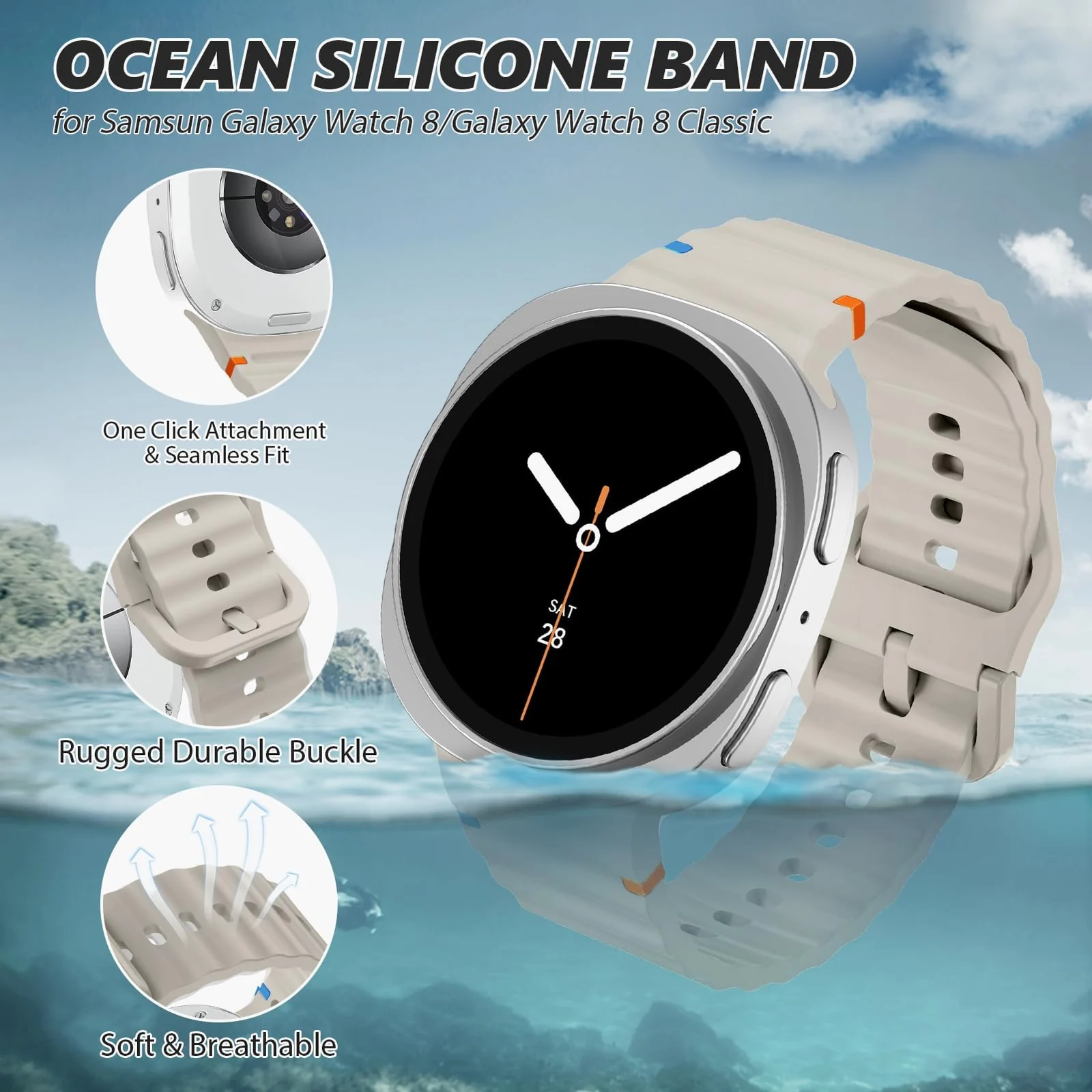 DL3 Mobilak Sport Strap for Samsung Galaxy Watch 8 Straps 40mm 44mm/8 Classic Bands 46mm Men Women, One Click No Gap Waterproof Soft Silicone Sport Band for Samsung Watch 8/8 Classic Strap - Starlight