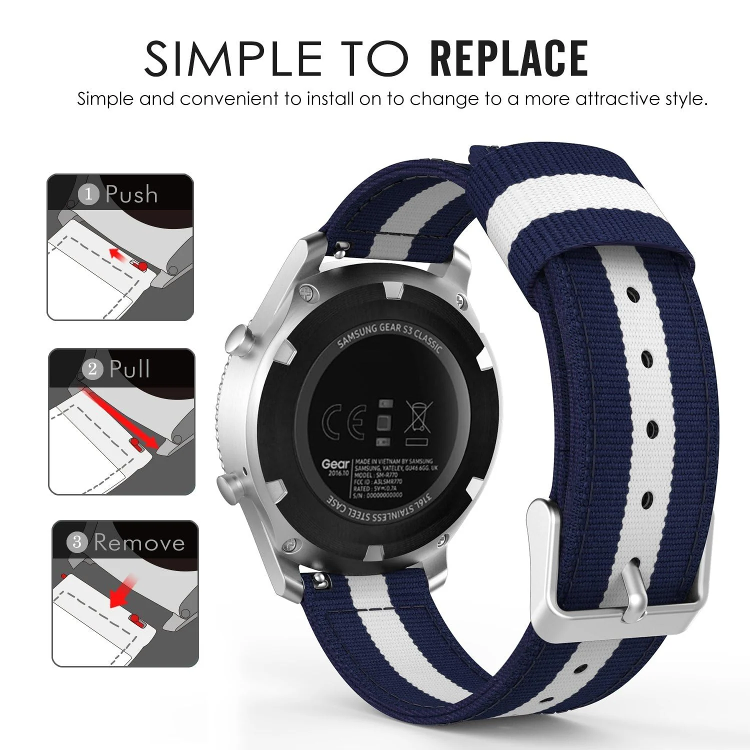 DL3 Mobilak Nylon Canvas Band 20MM Strap For Samsung Gear Sport/Watch 4/Watch 5/Watch 5 Pro/S2 classic/active 2 40mm 44mm/Amazfit GTS 3/4/4 Mini/Bip 3/Pro/GTS 2 mini/GTS 2e/Bip U - Blue White