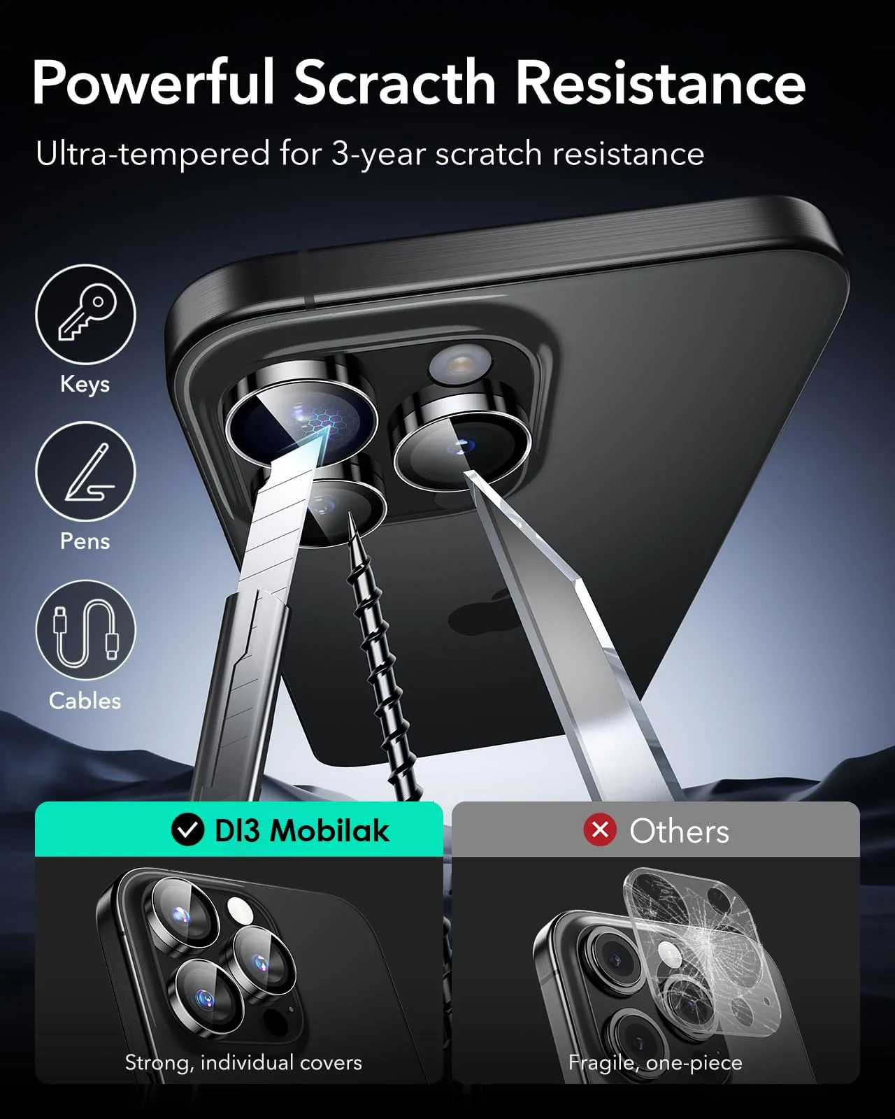 DL3 Mobilak Camera Lens Protector For iPhone 17 Pro/iPhone 17 Pro Max, [Keep Original Shooting] Tempered Glass Screen Protector Metal Individual Camera Cover, Case Friendly - Black