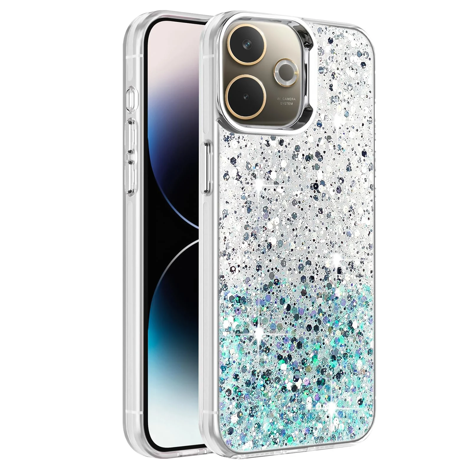 Dl3 Mobilak Compatible with OPPO A5 Pro Case, Clear Glitter Bling Sparkly, Soft TPU Frame Bumper, Hard-Back Cover for Women & Girls, Transparent Protective Phone Case (Green Purple)