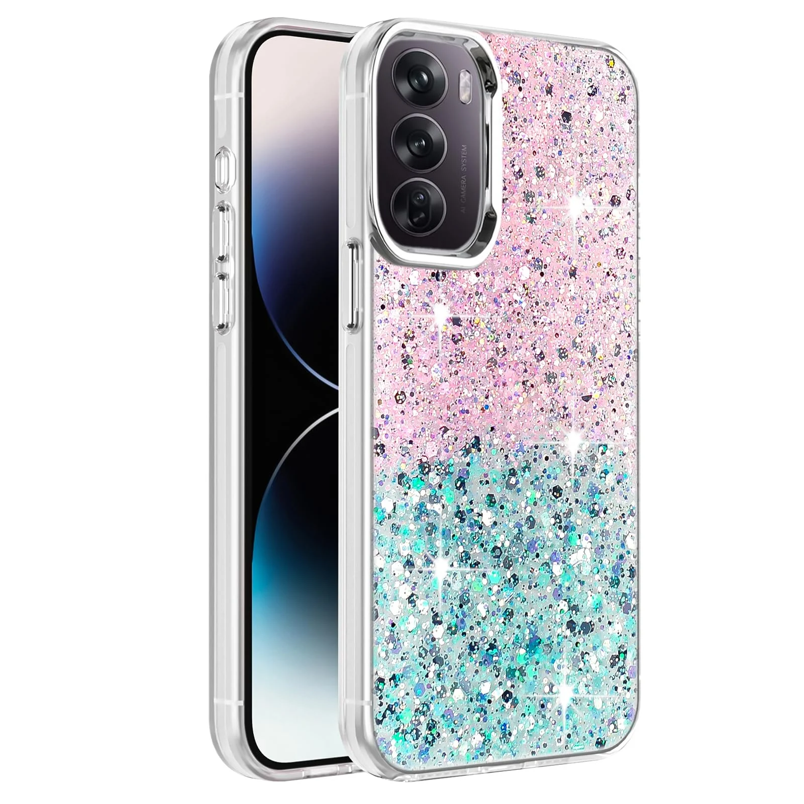 DL3 Mobilak Glitter Protective Case for OPPO Reno 12 Pro 5G (Reno12 Pro), Supports wireless charging, Camera protection, Shock-absorbing protection - Pink Green